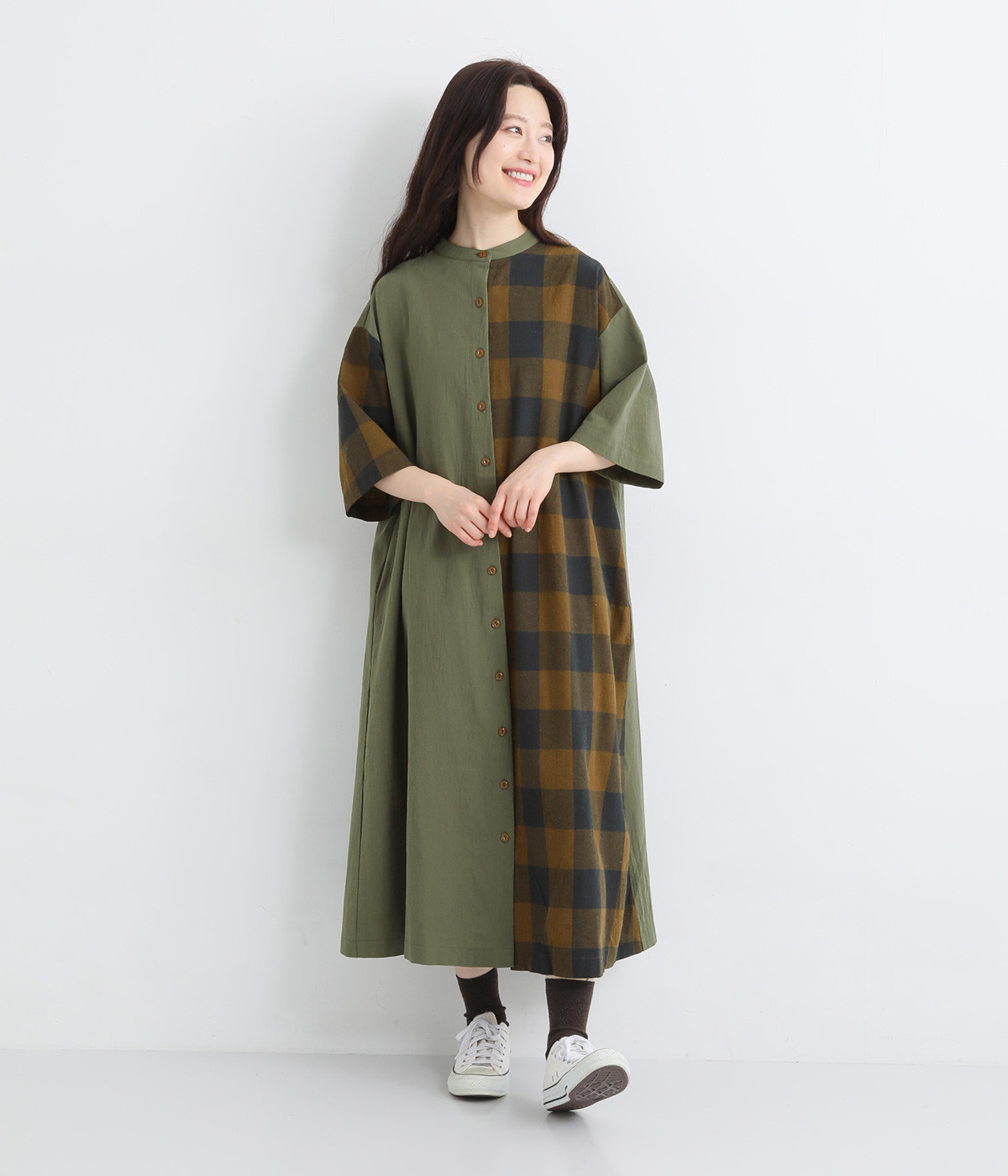 チェック切替スタンドカラーワンピース(カーキ×ベージュブロック-ONESIZE)