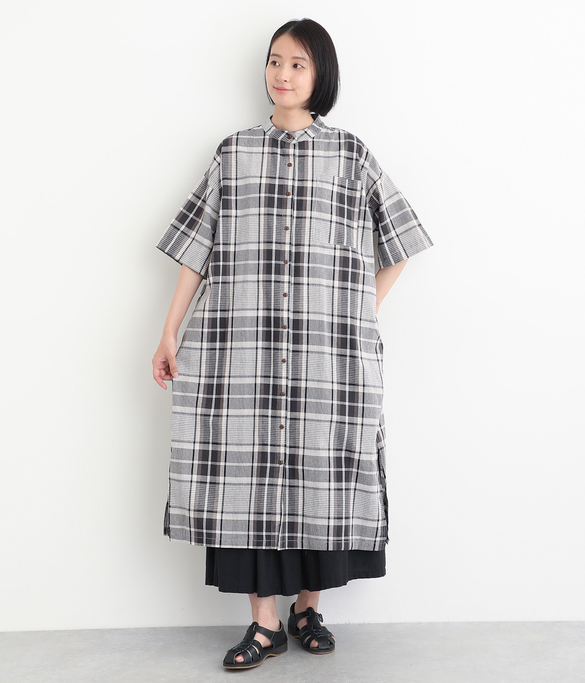 コットン ビックチェックロングワンピース(ナチュラル×ブラック-ONESIZE)