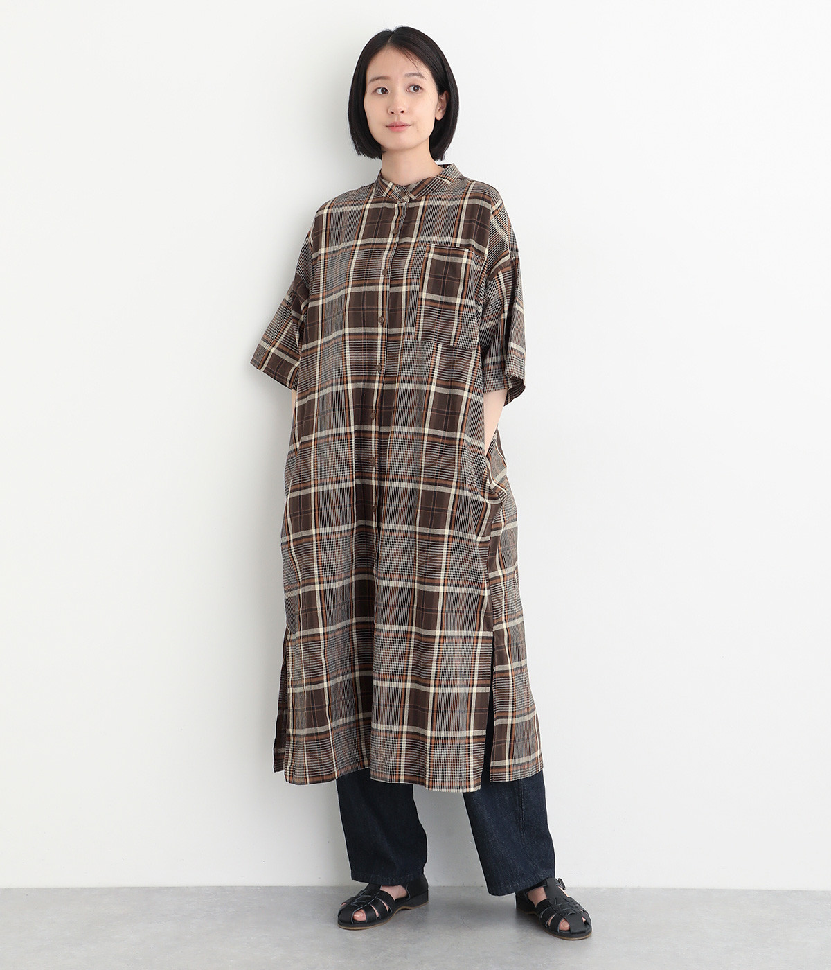 コットン ビックチェックロングワンピース(ブラウン×ブラック-ONESIZE)