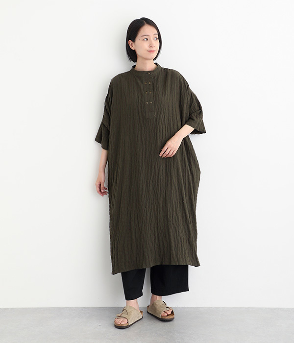 シャーリングストライプ ダブル前立てワンピース(カーキ-ONESIZE)