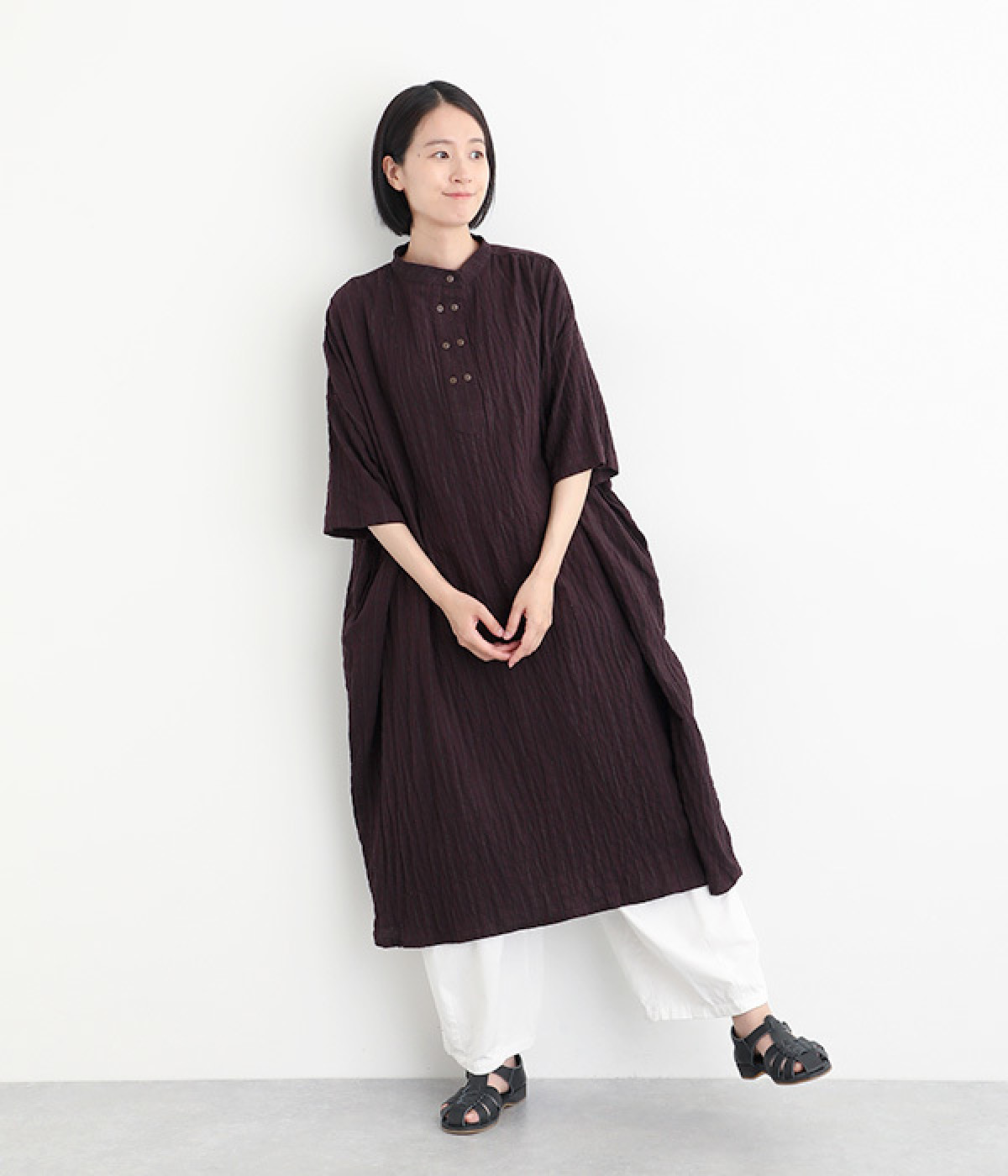 シャーリングストライプ ダブル前立てワンピース(ネイビー-ONESIZE)