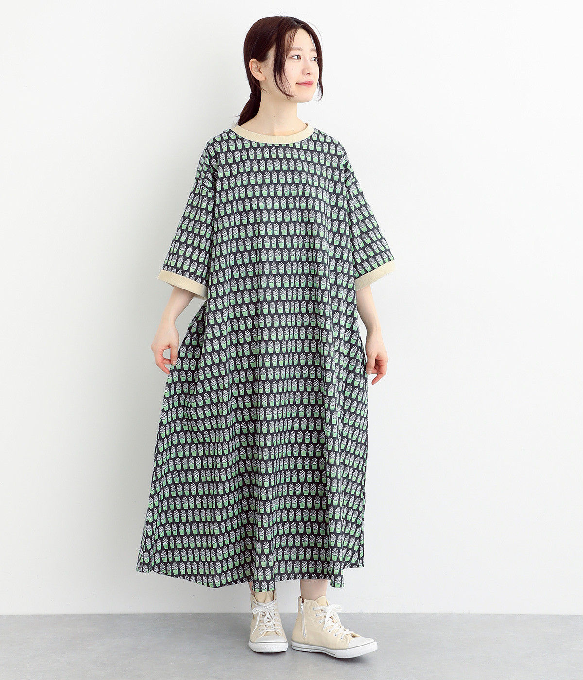 コットン フラワーポットAラインリブワンピース(ブラック-ONESIZE)