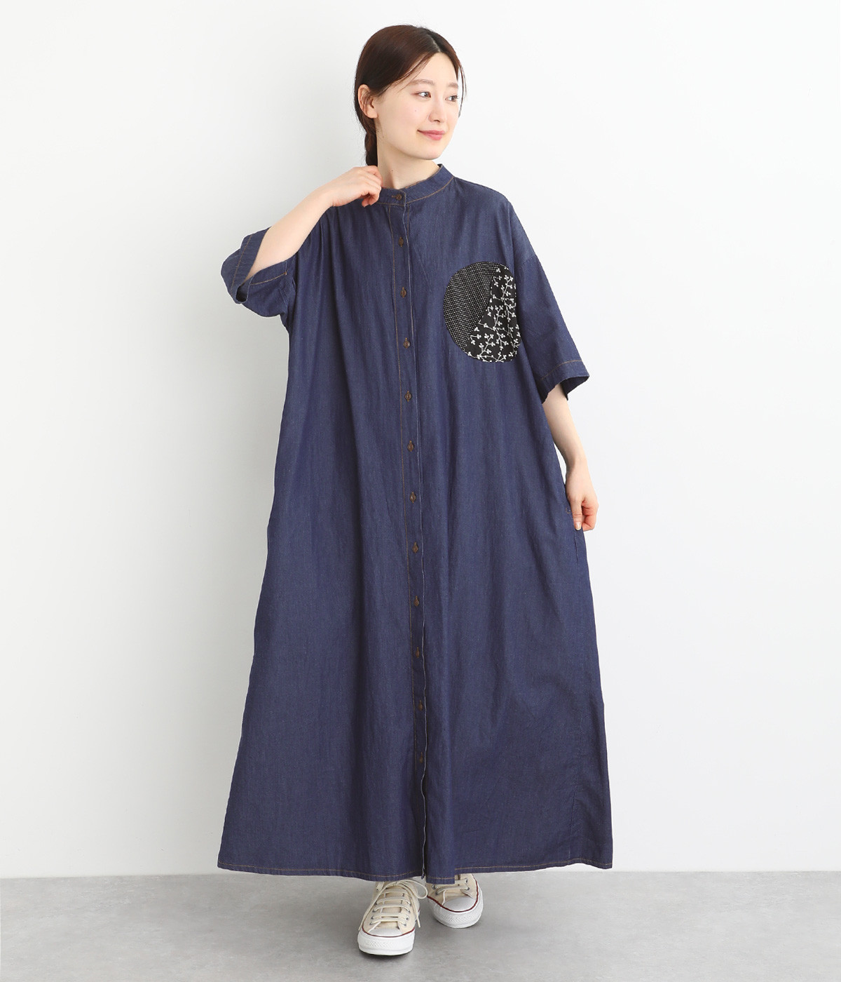 コットン 柄パッチワークワンピース(シャンブレーネイビー×ブラック-ONESIZE)