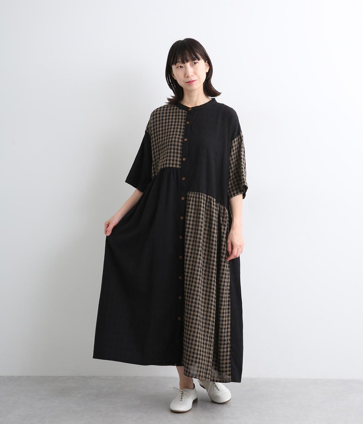ドビーギンガムスタンドカラー切替ワンピース(ブラック×チャコール系/チェック-ONESIZE)