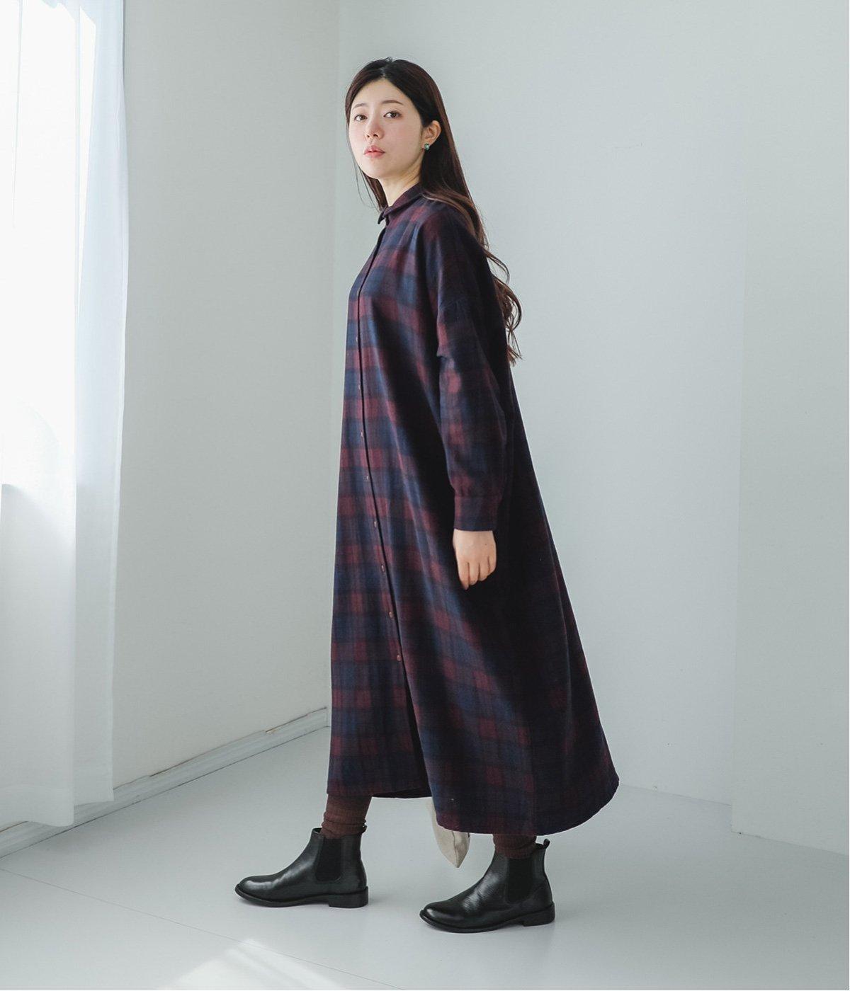 起毛BIG チェックミニ襟ロングワンピース(レッド×ネイビー-F)