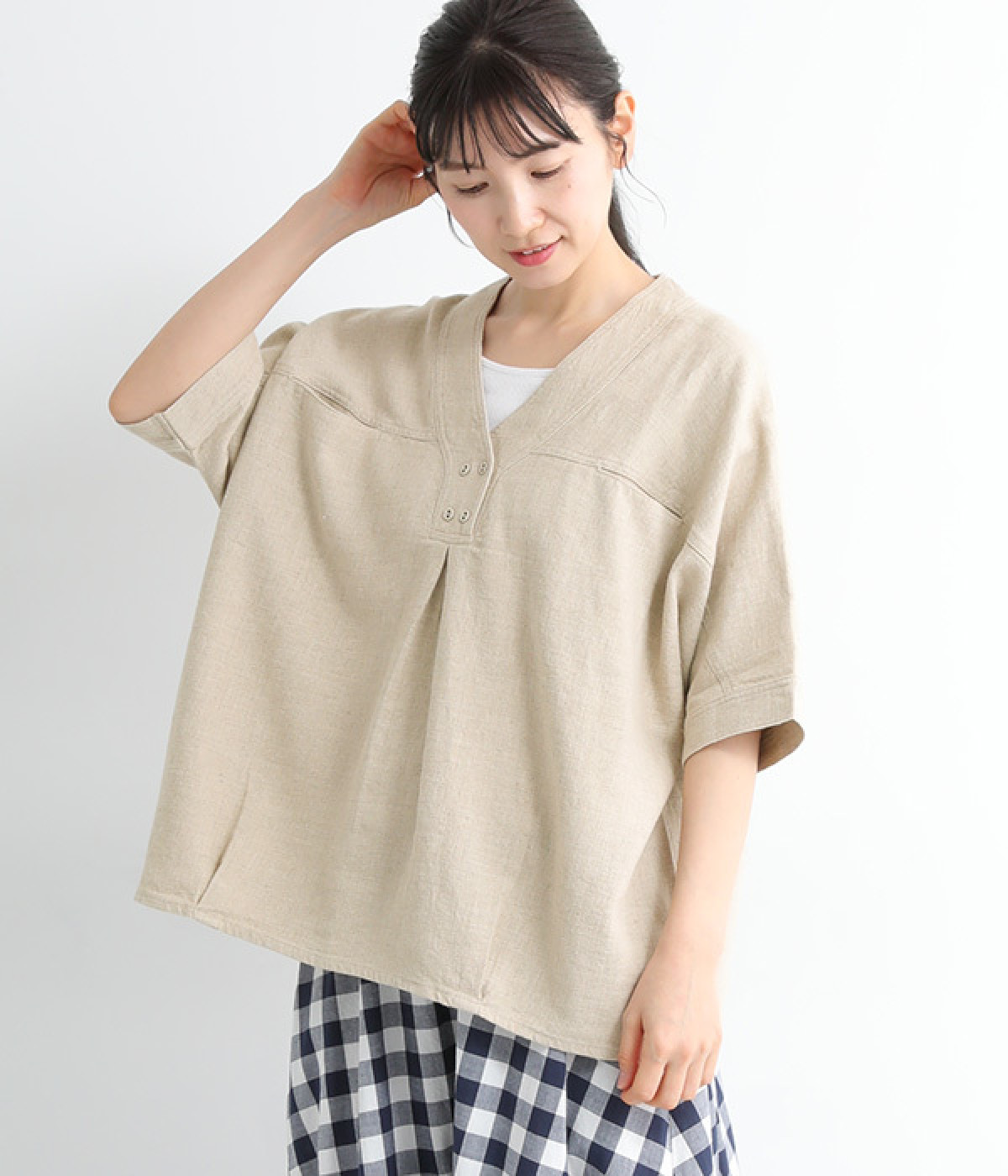ムラ糸リネンコットンコクーンブラウス(ナチュラル-ONESIZE)