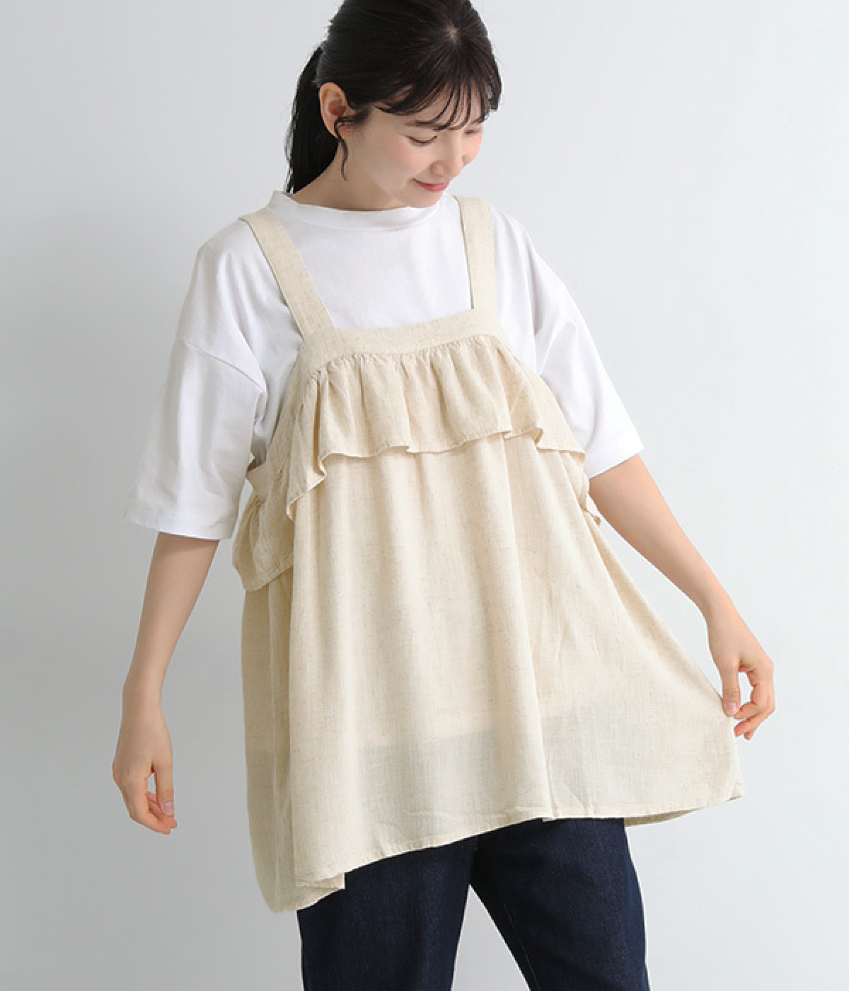 ラッフル使いキャミブラウス　モックネックプルオーバーセット(ナチュラル×ホワイト-ONESIZE)