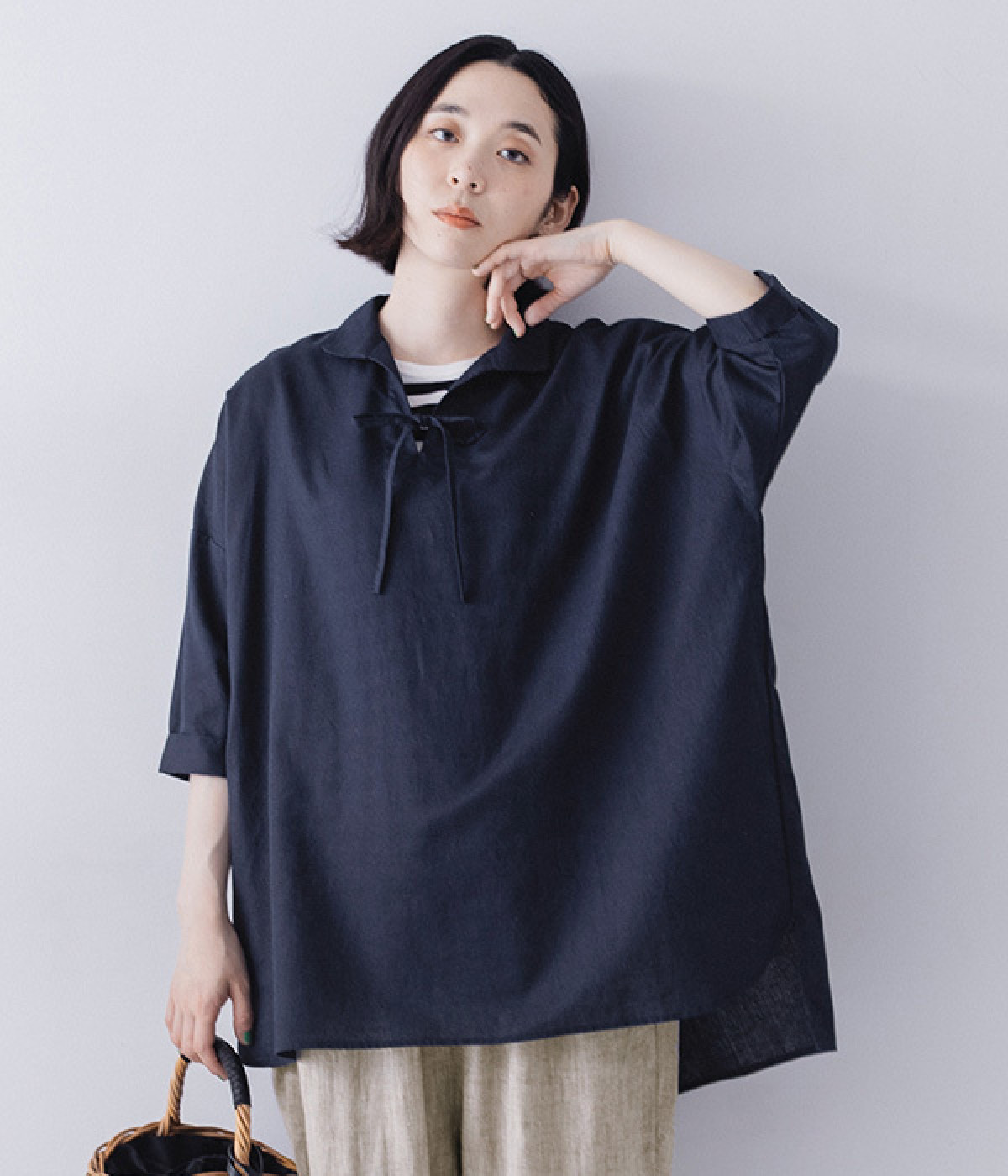 コットンリネン リボンネックロングブラウス(ネイビー-ONESIZE)