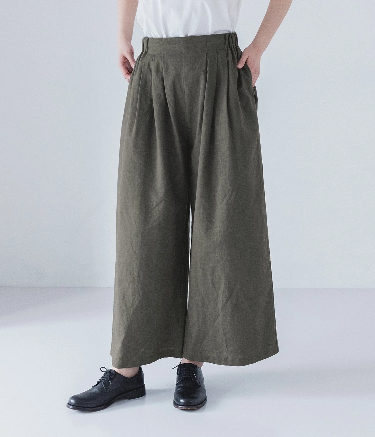 コットンリネン タックワイドパンツ(チャコール-ONESIZE)