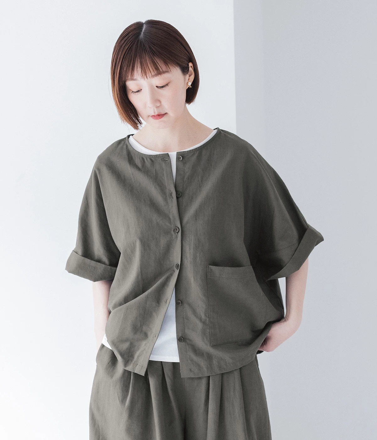 コットンリネン 2wayブラウス(チャコール-ONESIZE)