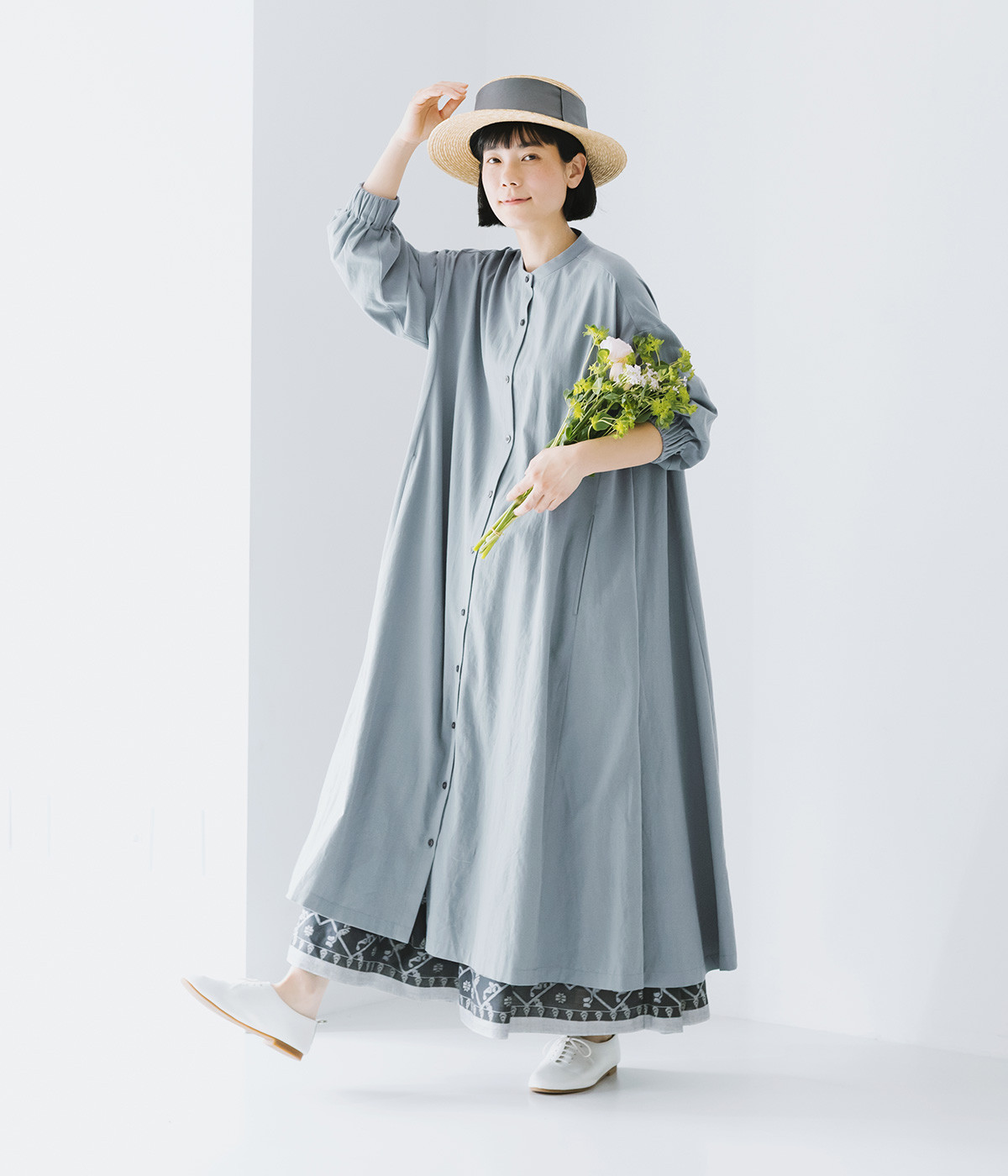 コットン 袖ゴムバンドカラーワンピース(ブルーグレー-ONESIZE)