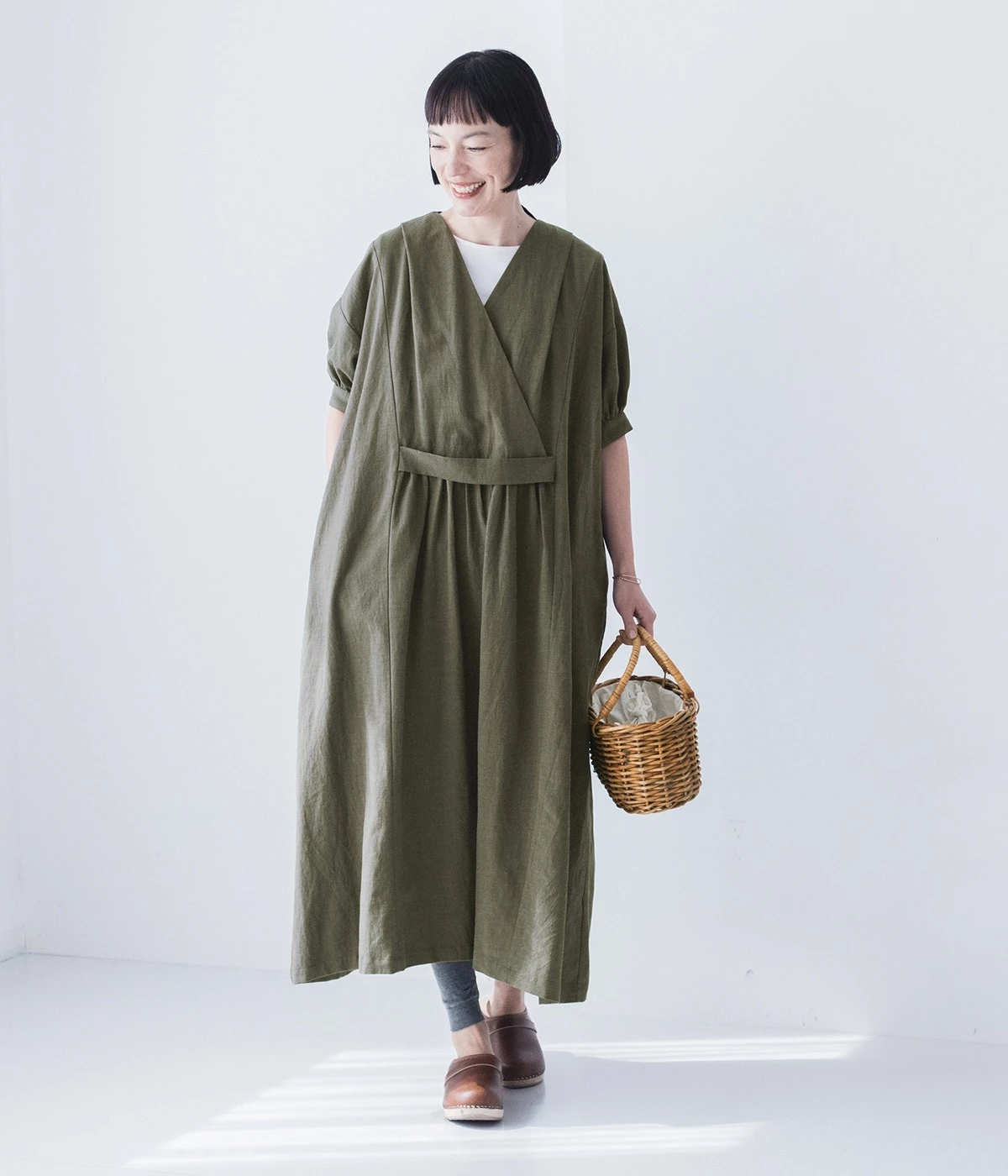 5分袖カシュクール風ワンピース(カーキ-ONESIZE)