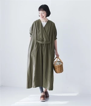 5分袖カシュクール風ワンピース(カーキ-ONESIZE)