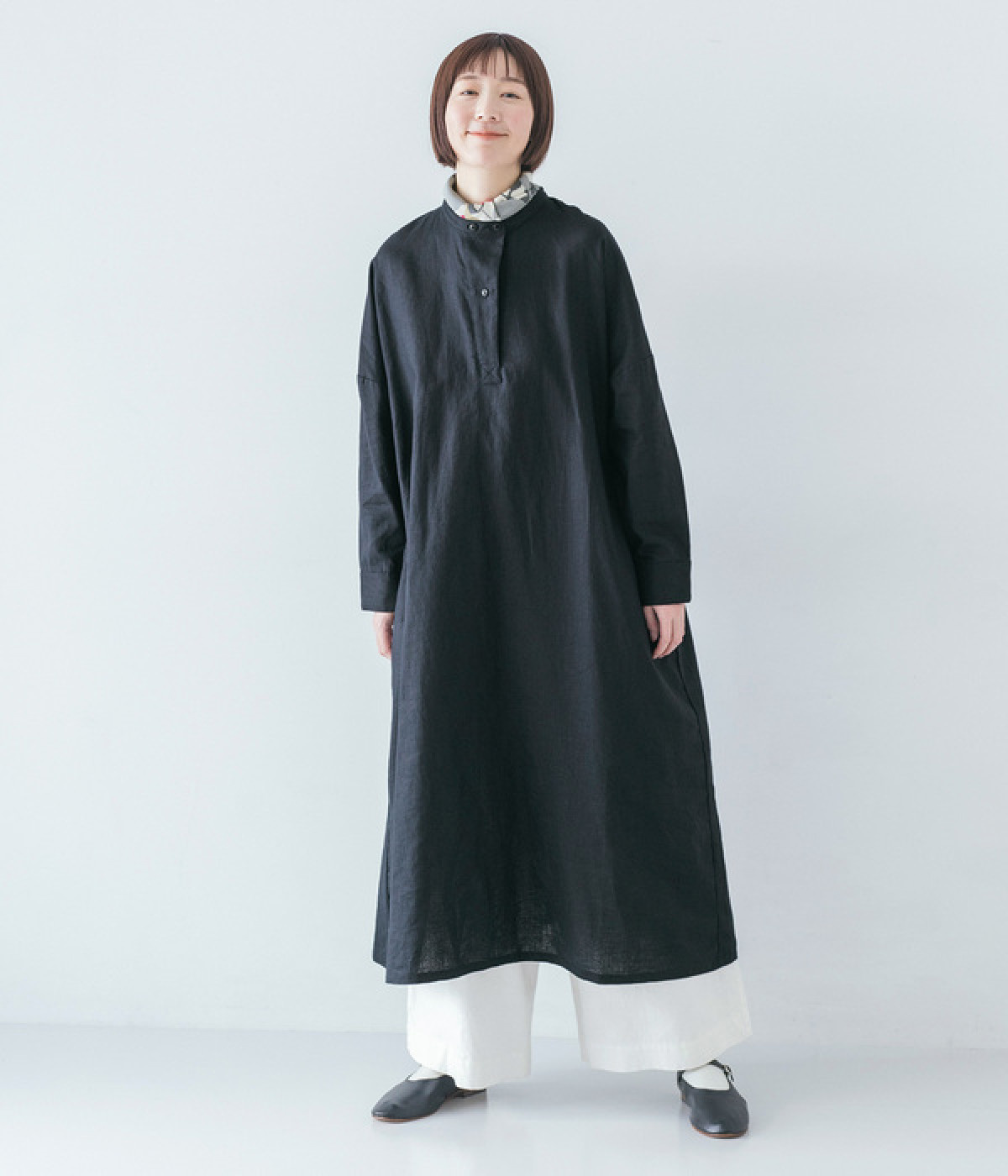 リネンコットン バンドカラーAラインワンピース(ネイビー-ONESIZE)