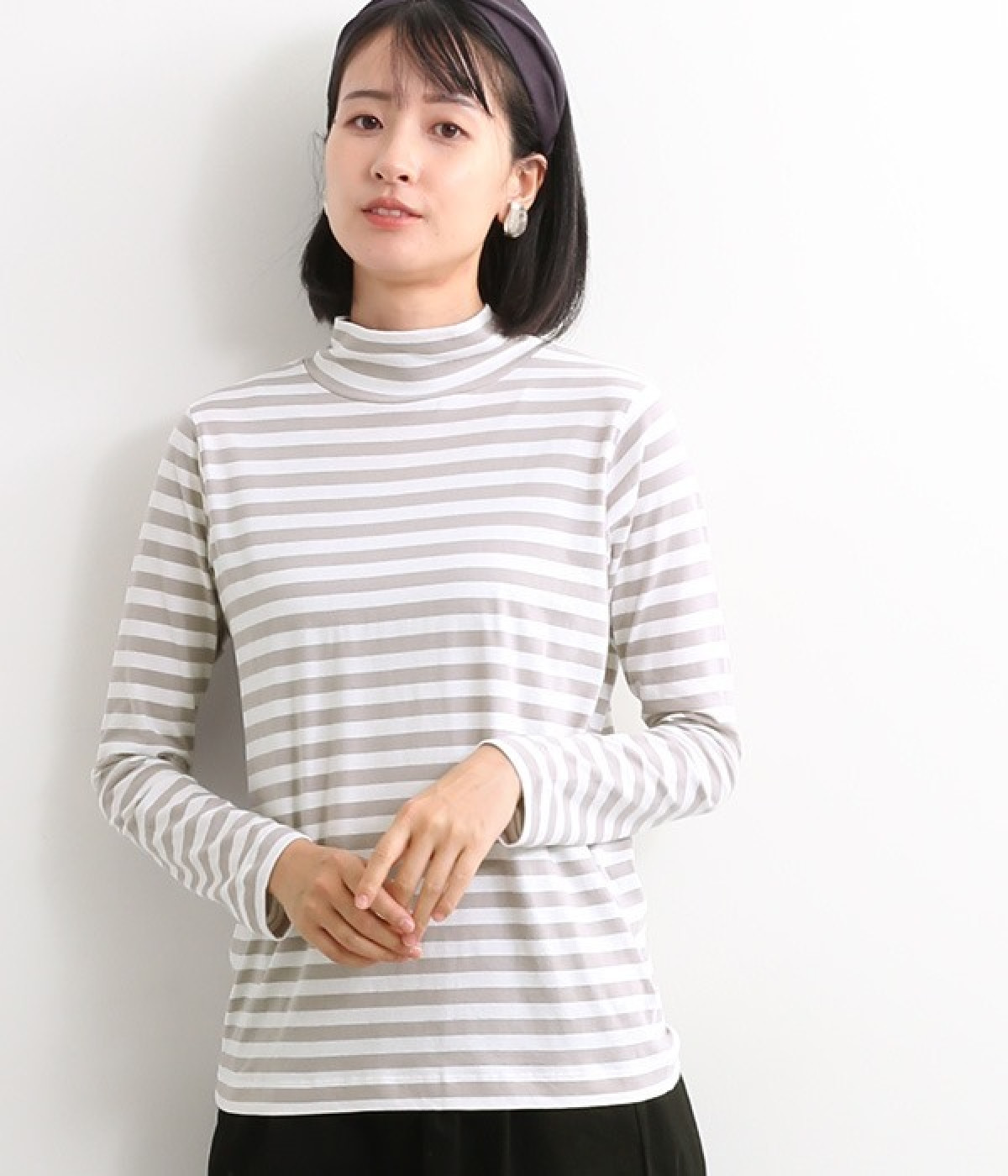 オーガニックコットンハイネックTシャツ(グレー×オフホワイト-L)
