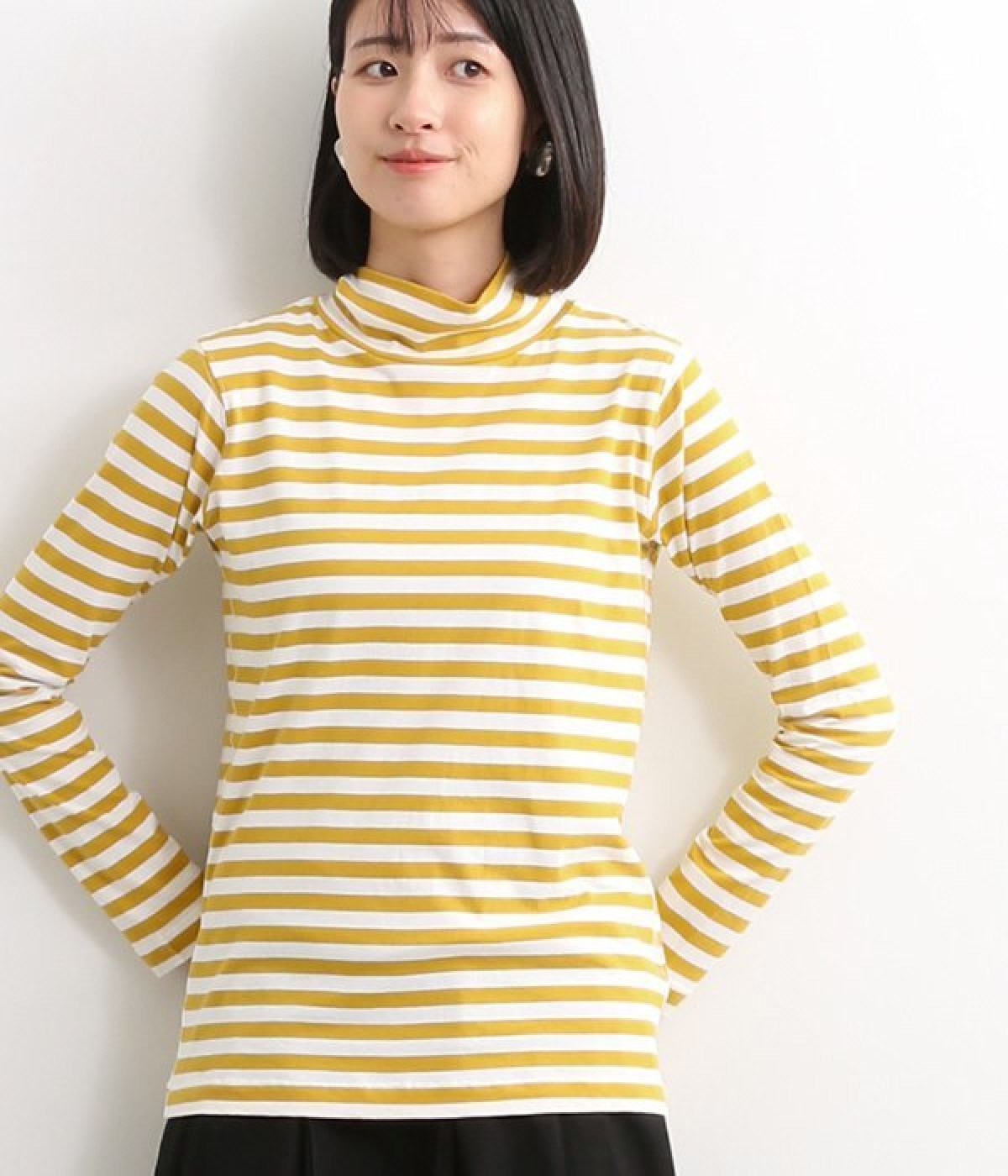 オーガニックコットンハイネックTシャツ(イエロー×オフホワイト-L)
