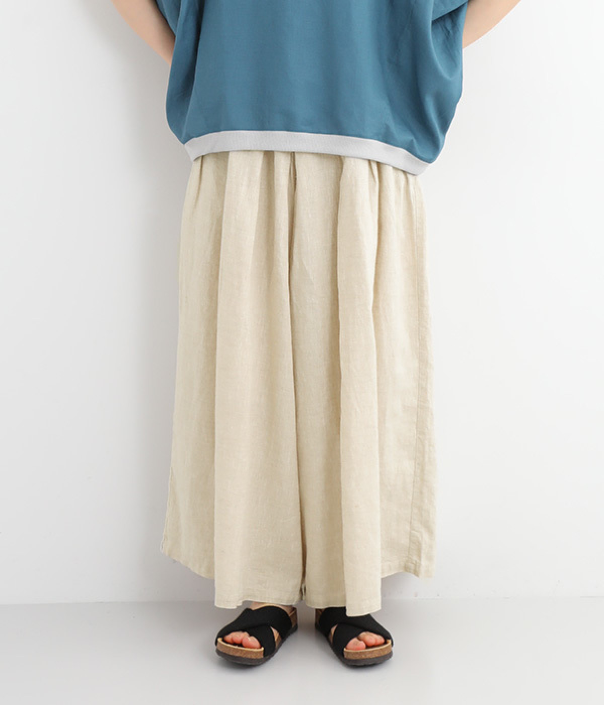 14番手リネン ウエストタックワイドパンツ(ベージュ-ONESIZE)