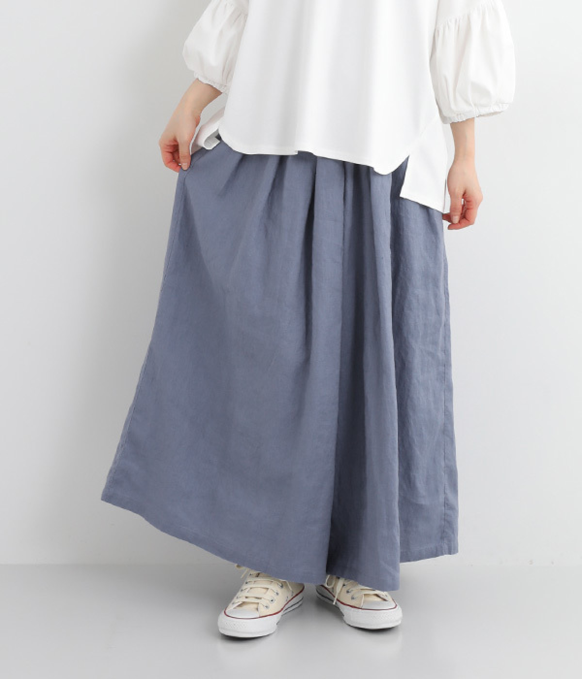 14番手リネン ウエストタックワイドパンツ(ダスティブルー-ONESIZE)