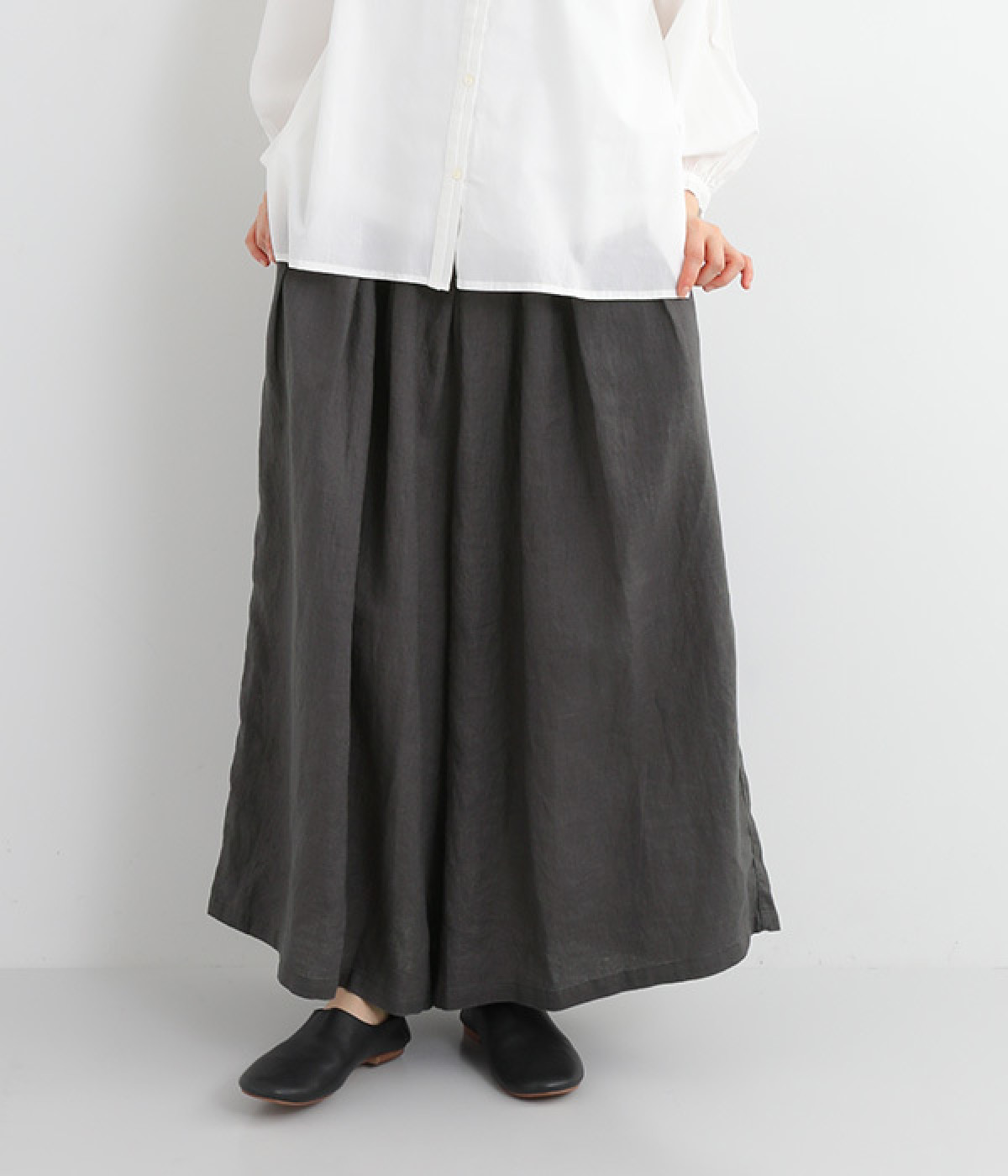 14番手リネン ウエストタックワイドパンツ(チャコール-ONESIZE)