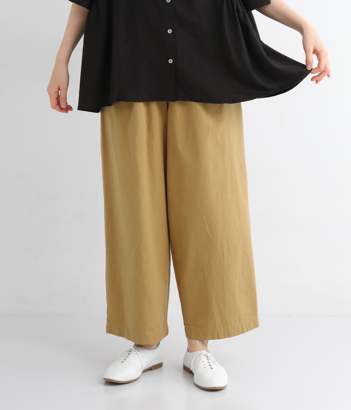 コットンツイル タックワイドパンツ(ベージュ-ONESIZE)