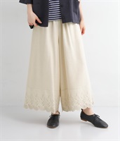 コットンリネン スカラップ刺繍ワイドパンツ(麻ベージュ-ONESIZE)