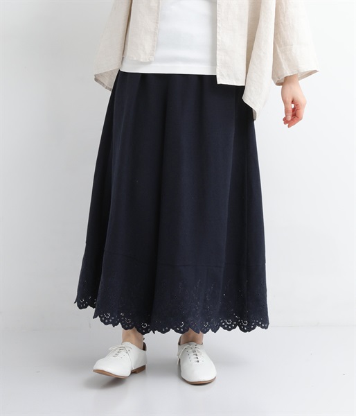 コットンリネン スカラップ刺繍ワイドパンツ(ネイビー-ONESIZE)
