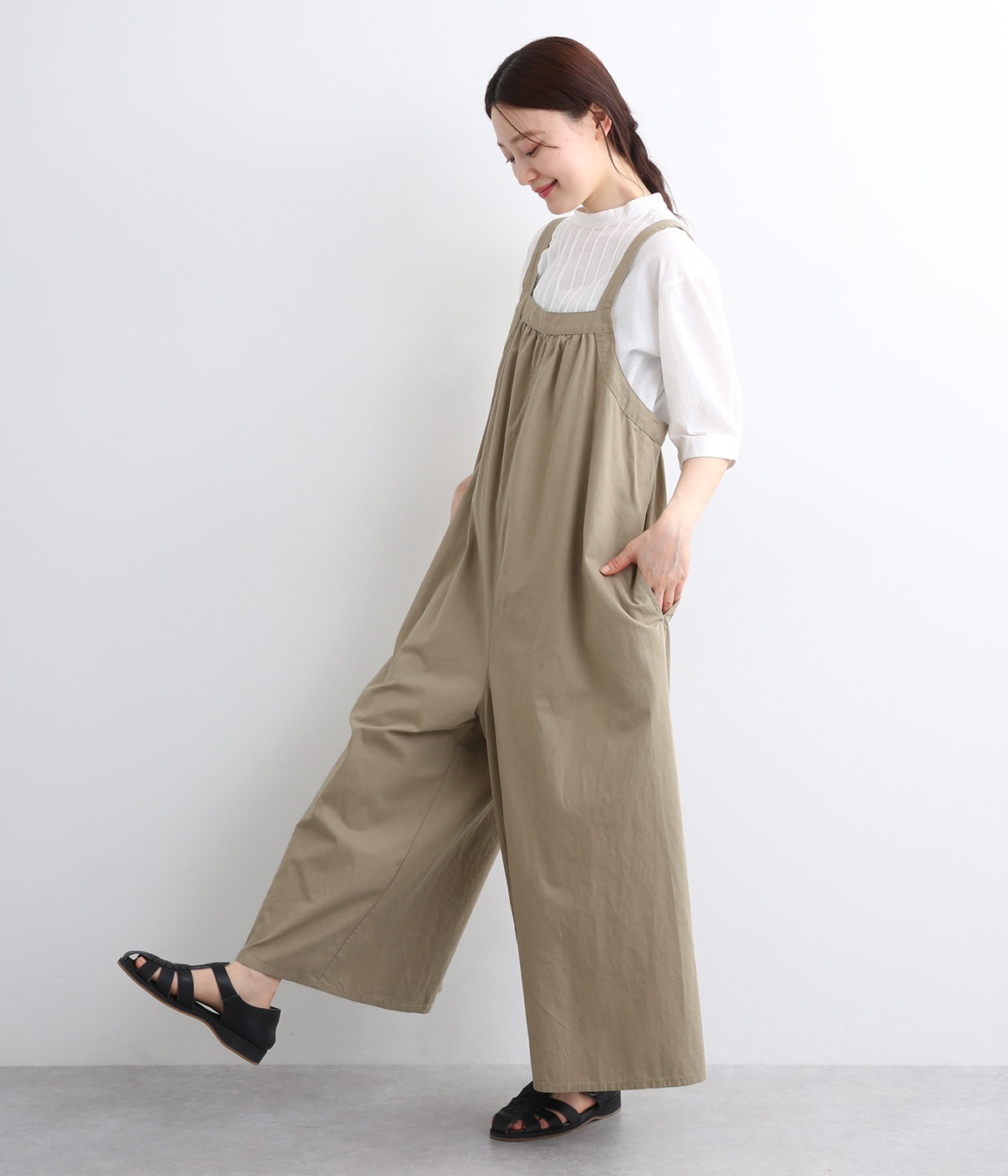 コットン無地サロペットパンツ(ベージュ-M)