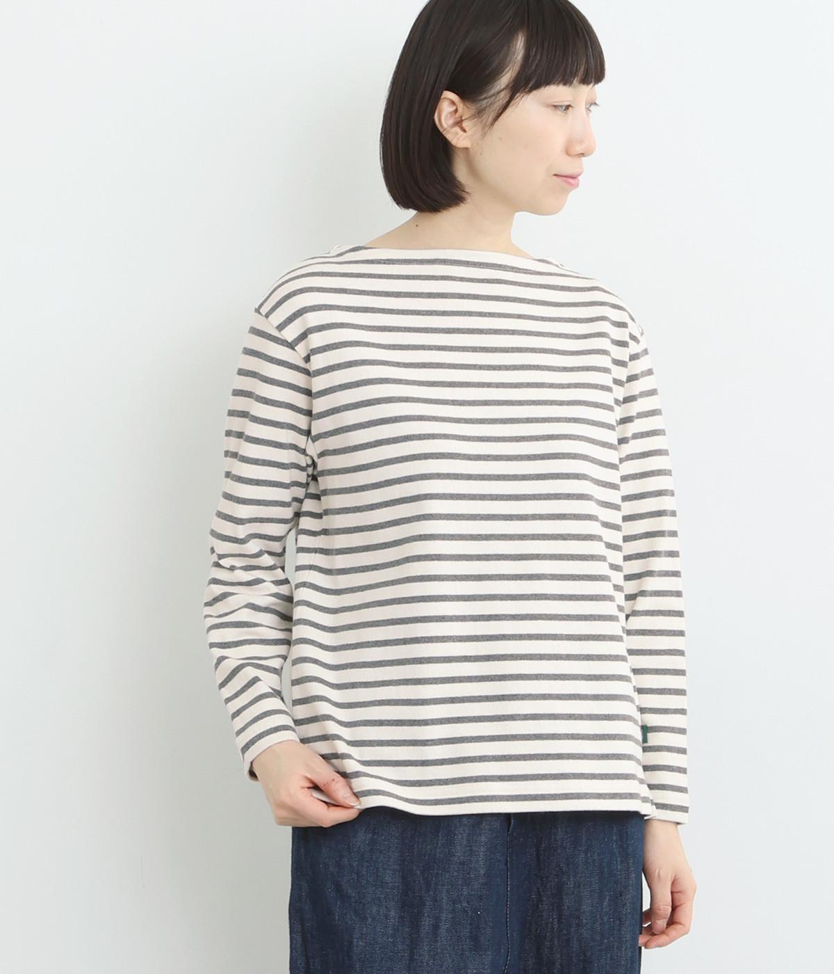 コットンヘビー天竺 ボートネック長袖Tシャツ(チャコールボーダー-ONESIZE)