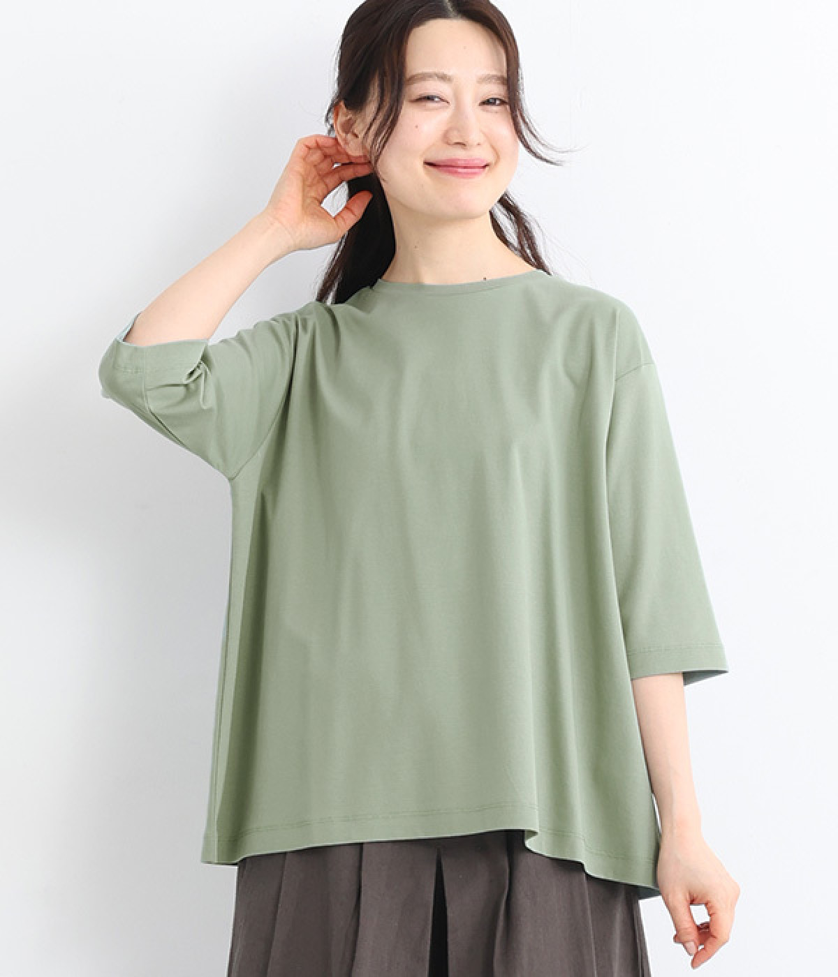 強撚スムース 6分袖プルオーバー(グリーン-ONESIZE)