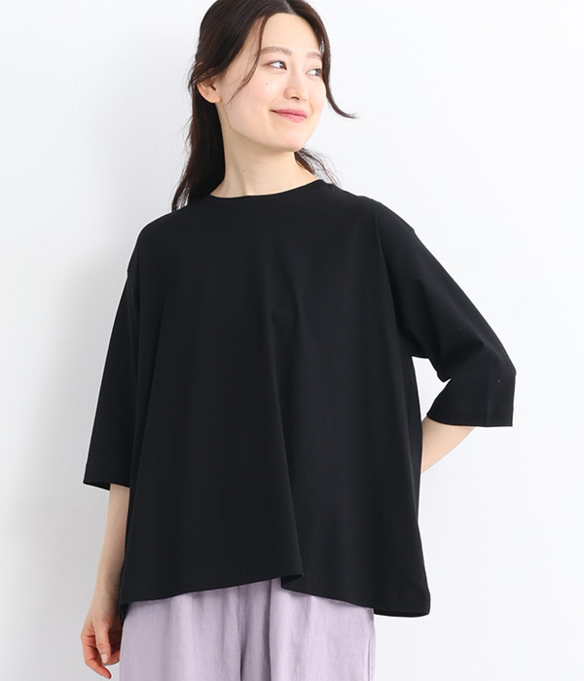 強撚スムース 6分袖プルオーバー(ブラック-ONESIZE)