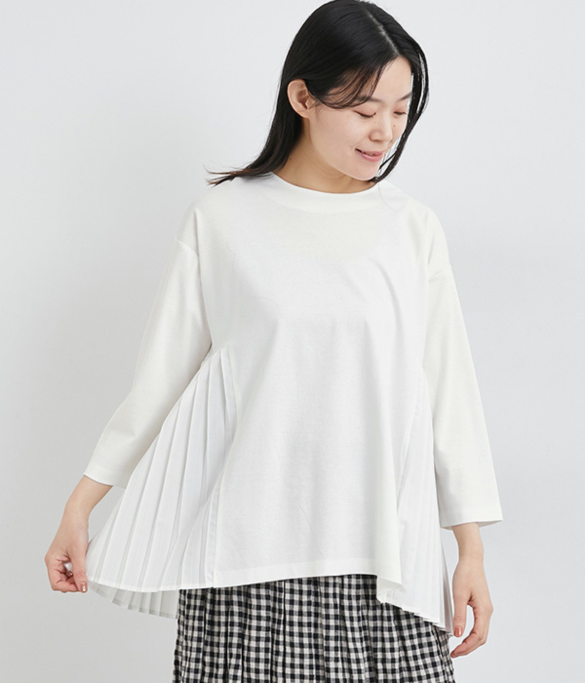 強撚スムース サイドプリーツ8分袖チュニック(オフホワイト-ONESIZE)
