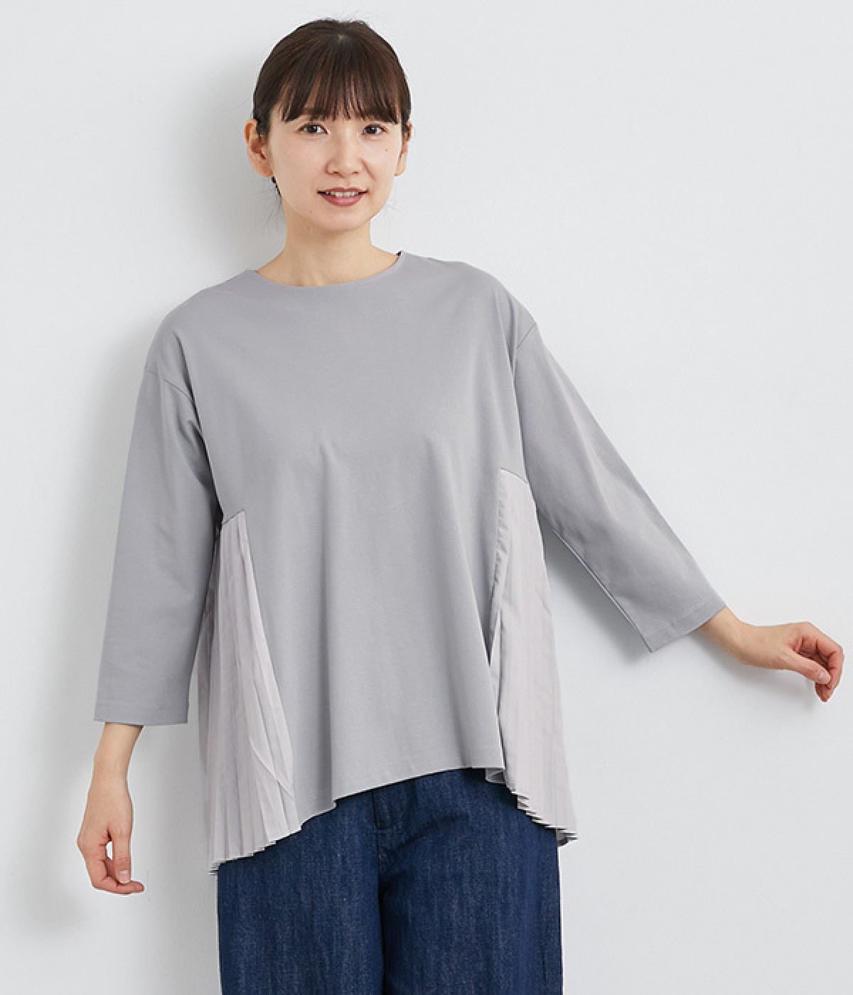 強撚スムース サイドプリーツ8分袖チュニック(グレー-ONESIZE)