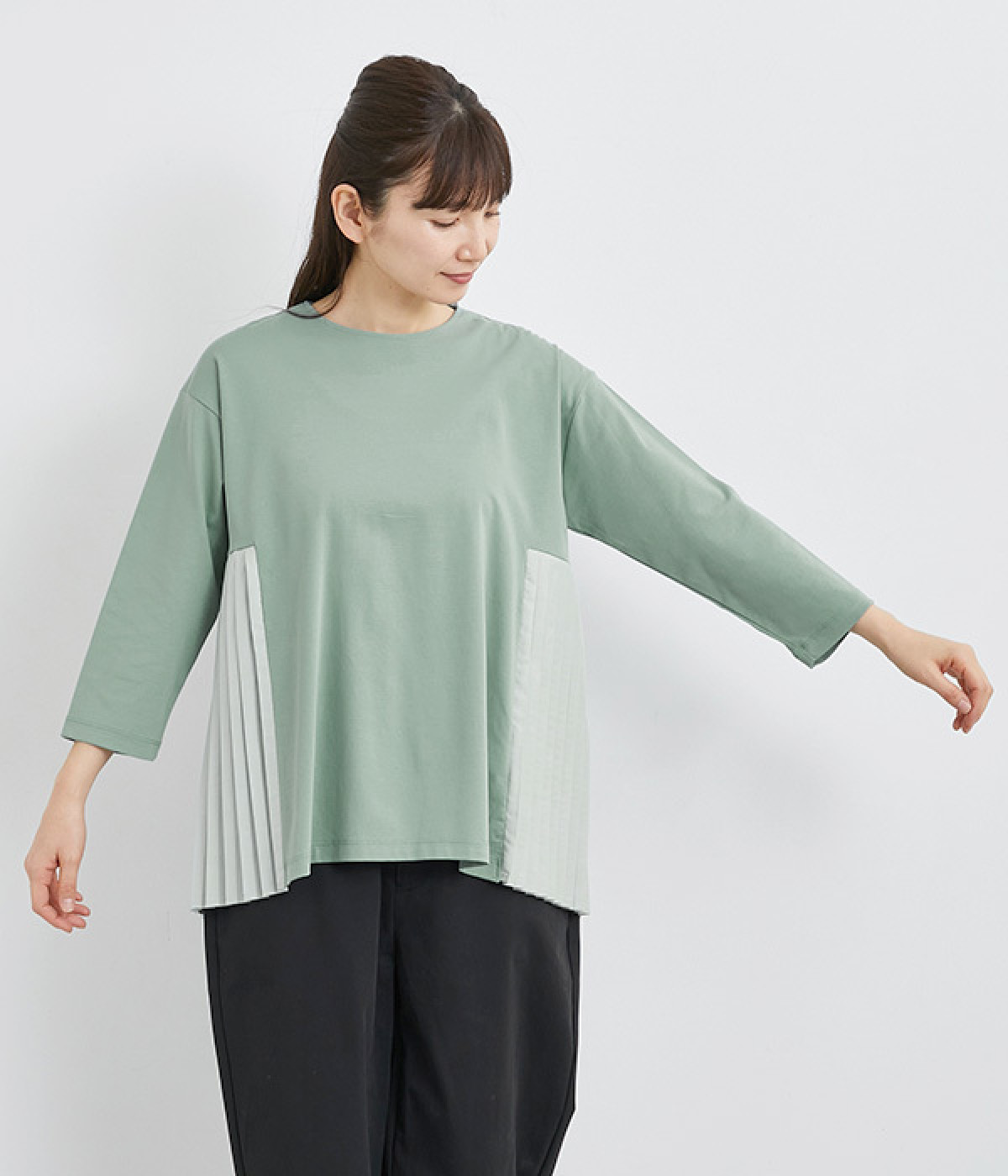 強撚スムース サイドプリーツ8分袖チュニック(グリーン-ONESIZE)