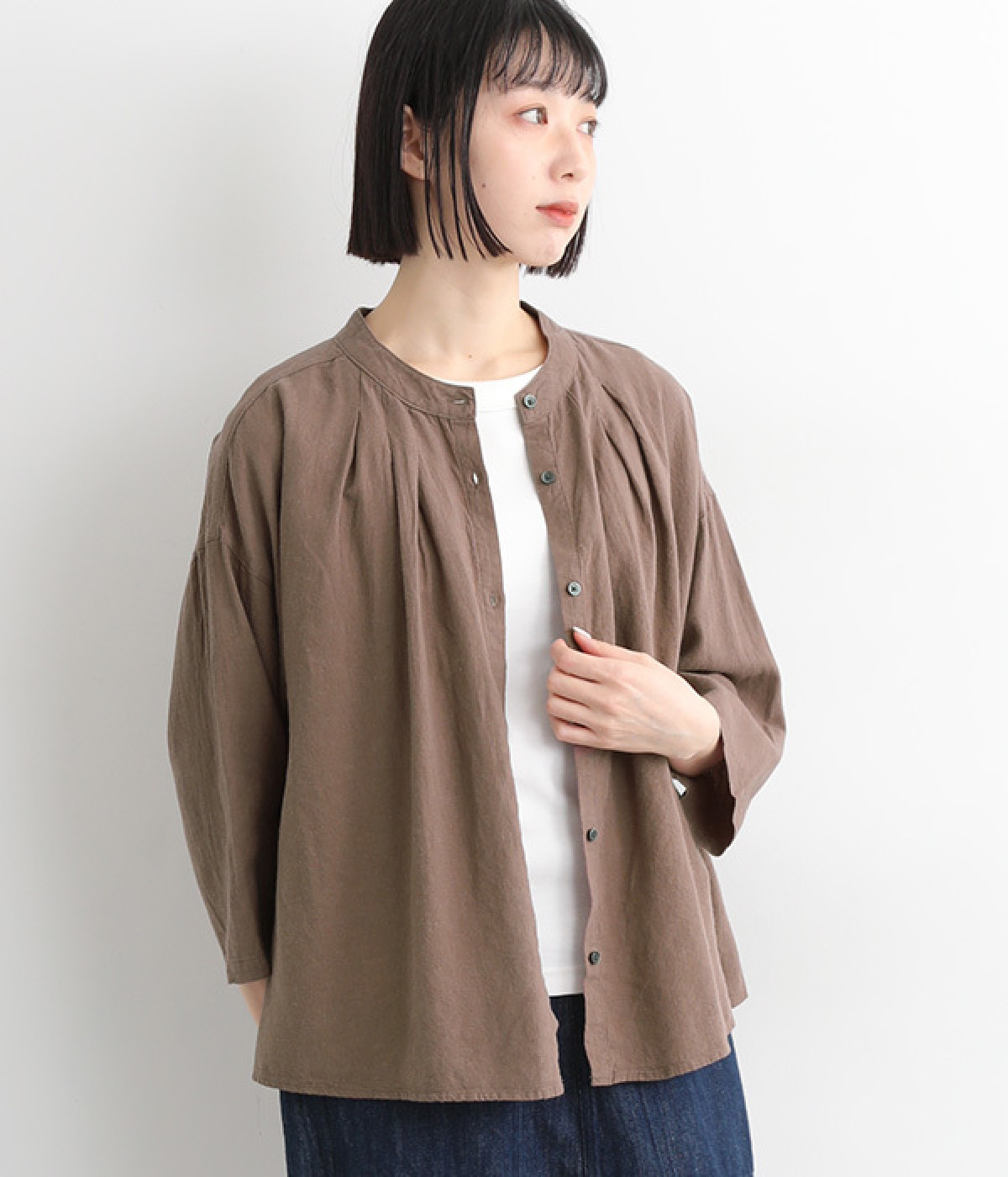 リネンレーヨン タックワイドブラウス(ブラウン-ONESIZE)