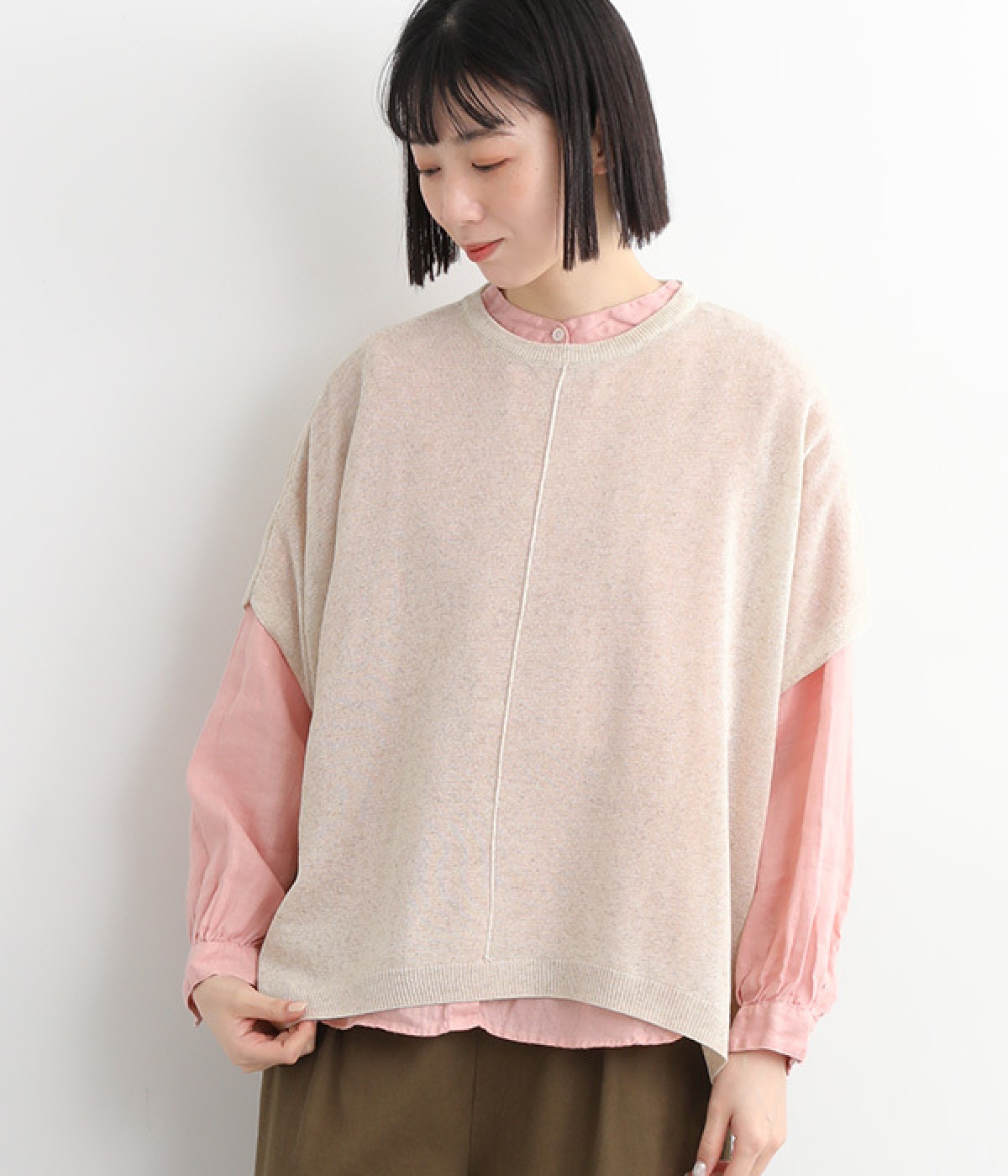 リネンブレンドニット 裾前後差ワイドベスト(ベージュ-ONESIZE)