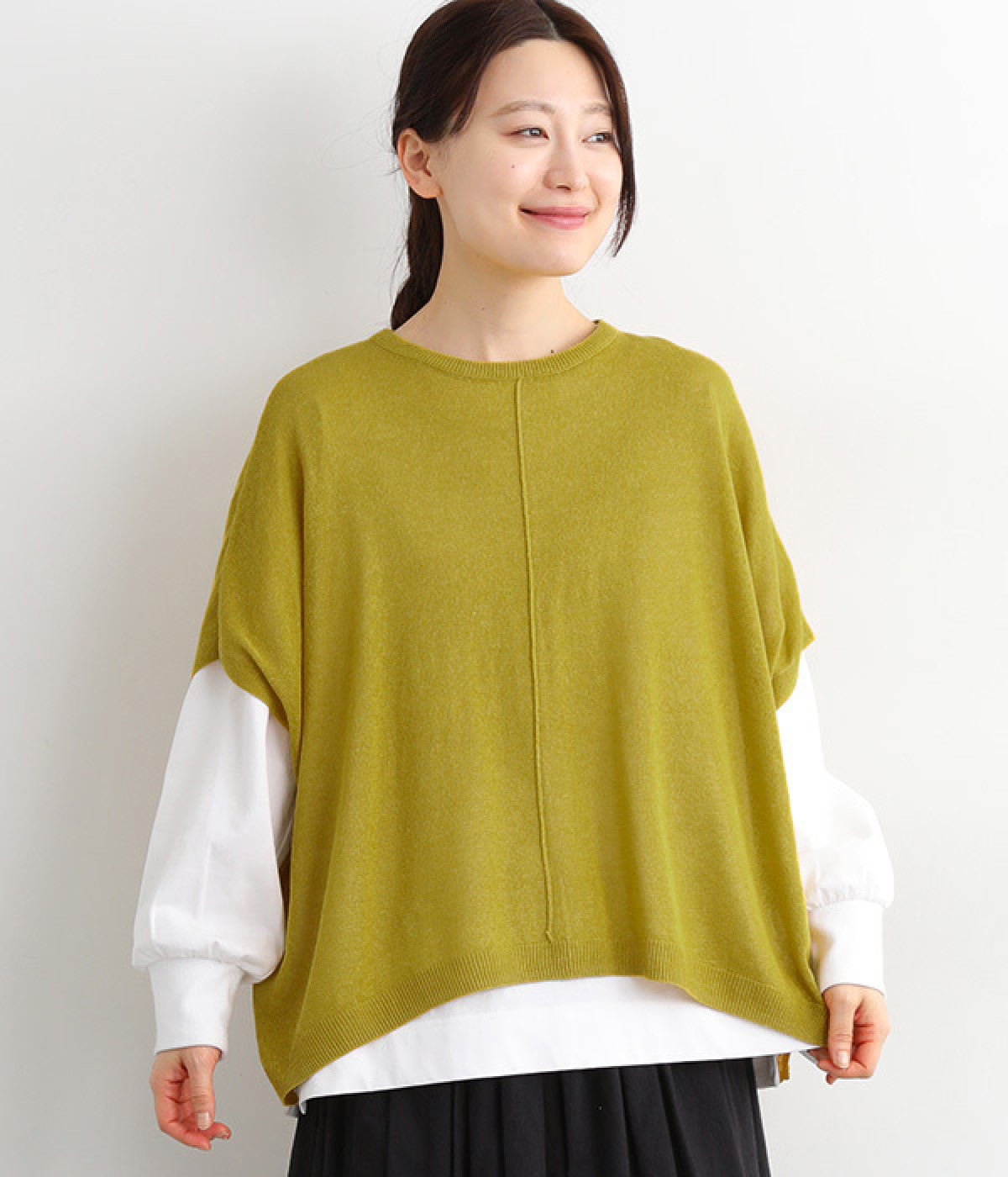リネンブレンドニット 裾前後差ワイドベスト(イエロー-ONESIZE)