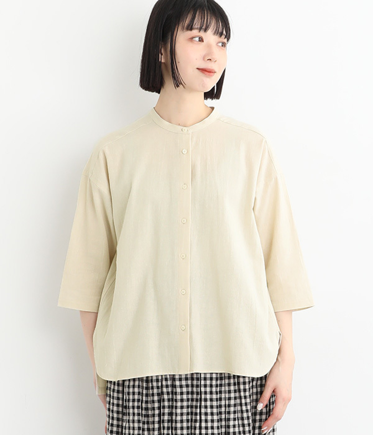 コットンガーゼ  バンドカラーロングシャツ(ベージュ-ONESIZE)