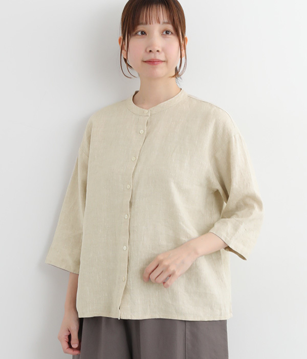 14番手リネン バンドカラー七分袖ブラウス(ベージュ-ONESIZE)