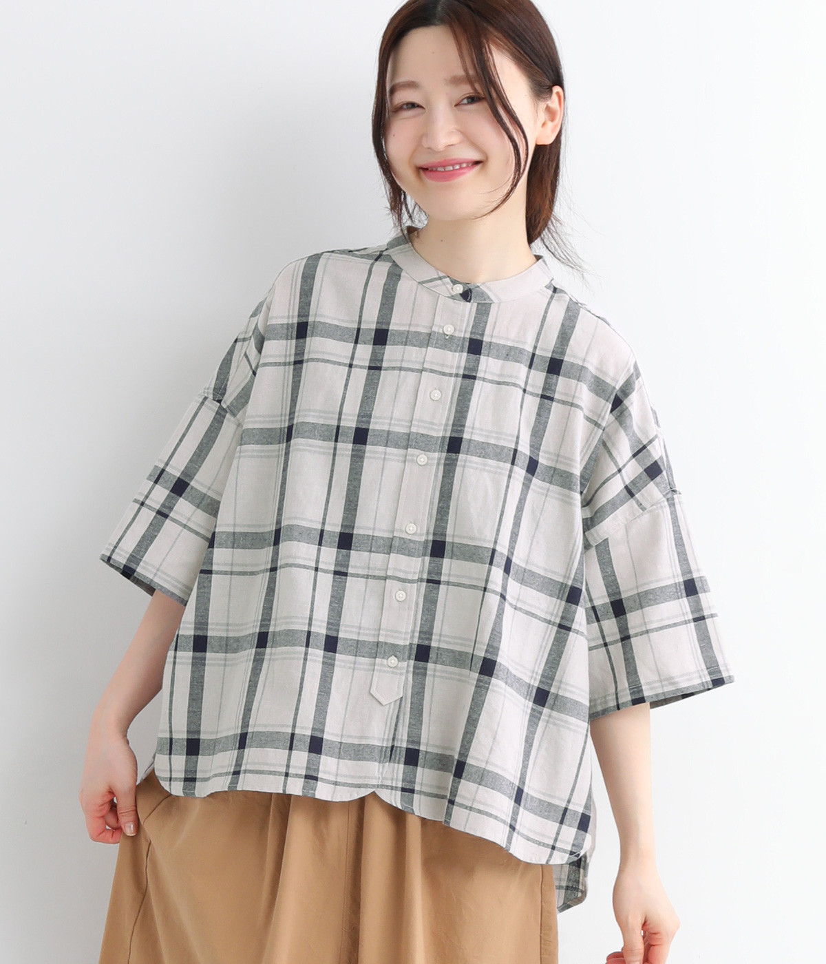 コットンリネン チェック ワイドシャツ(グレーチェック-ONESIZE)