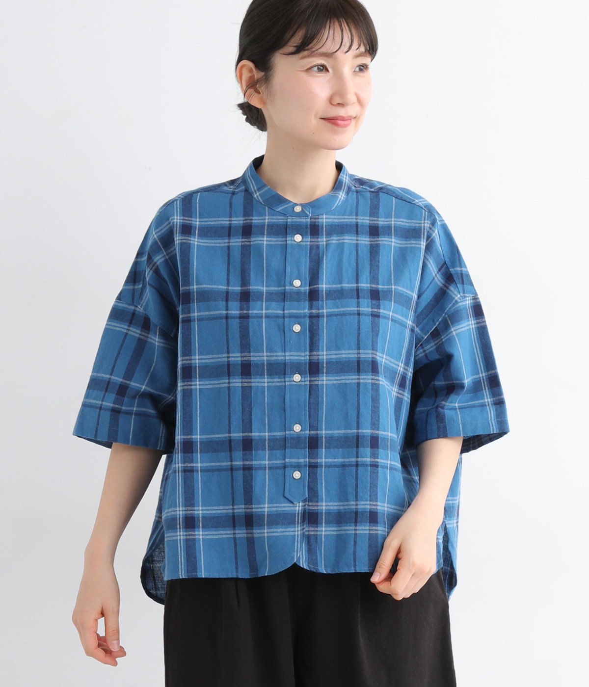 コットンリネン チェック ワイドシャツ(ブルーチェック-ONESIZE)