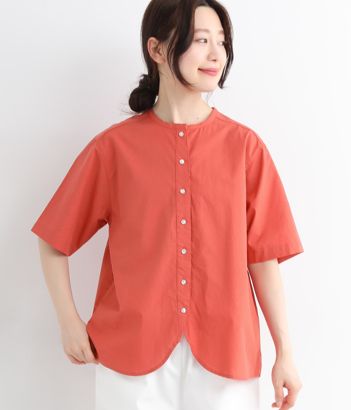 コットンドビーストライプ バンドカラーシャツ(レッド-ONESIZE)