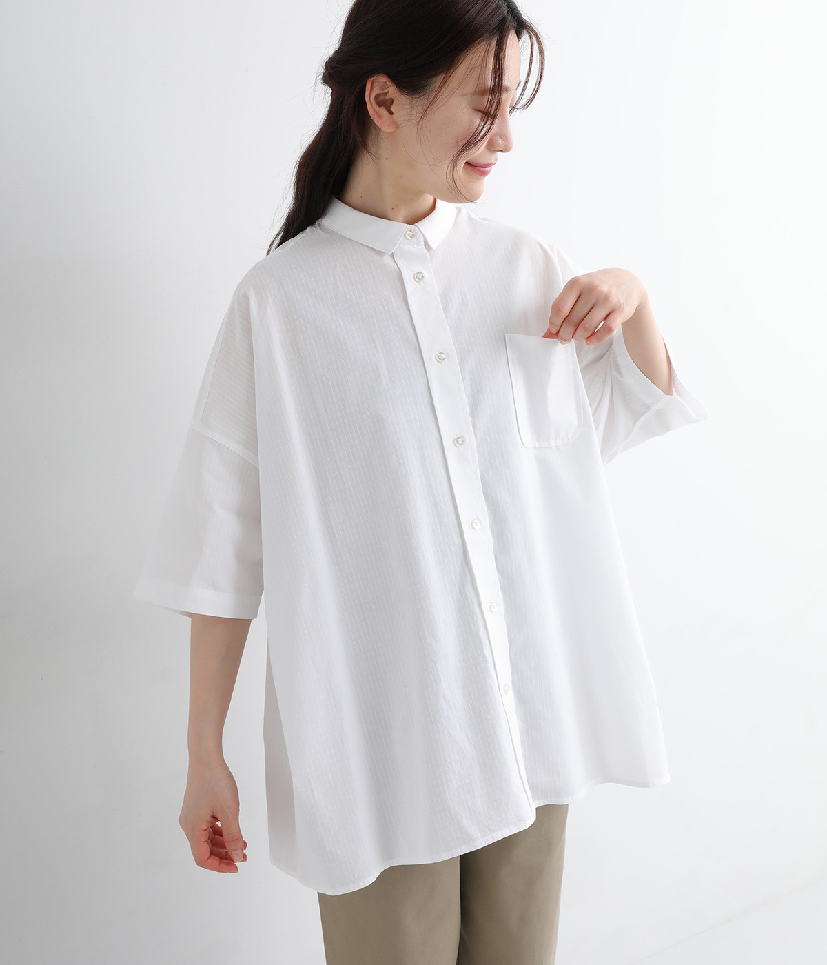 コットンドビーストライプ バックギャザーワイドシャツ(オフ-ONESIZE)