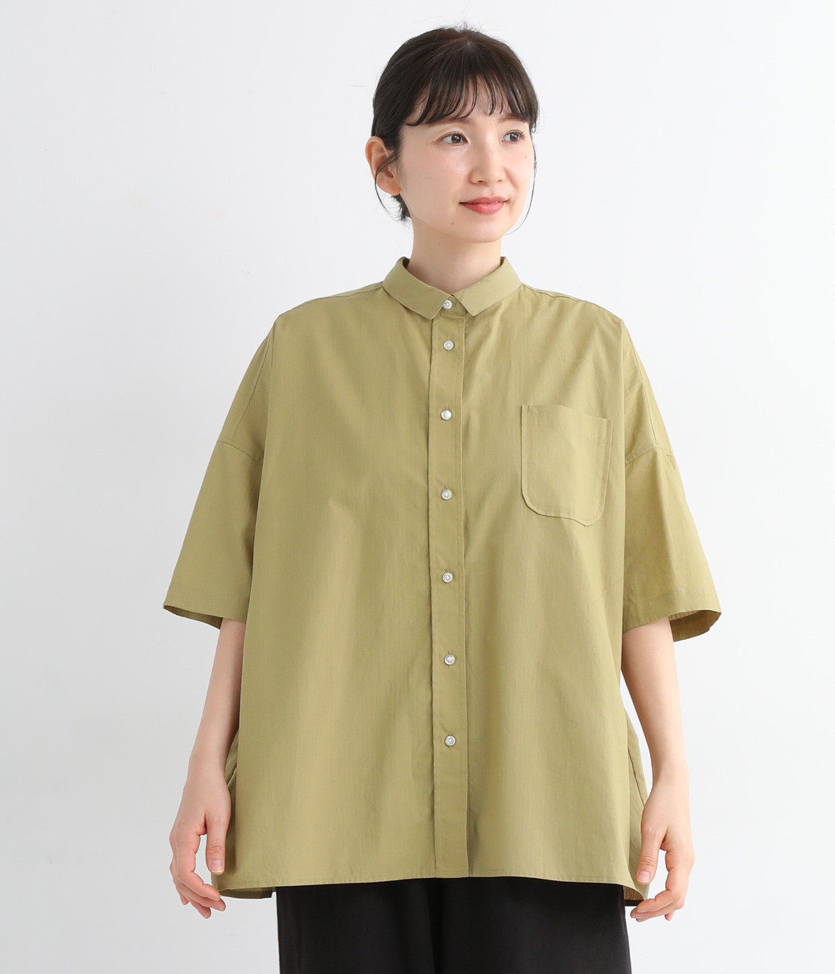 コットンドビーストライプ バックギャザーワイドシャツ(ベージュ-ONESIZE)
