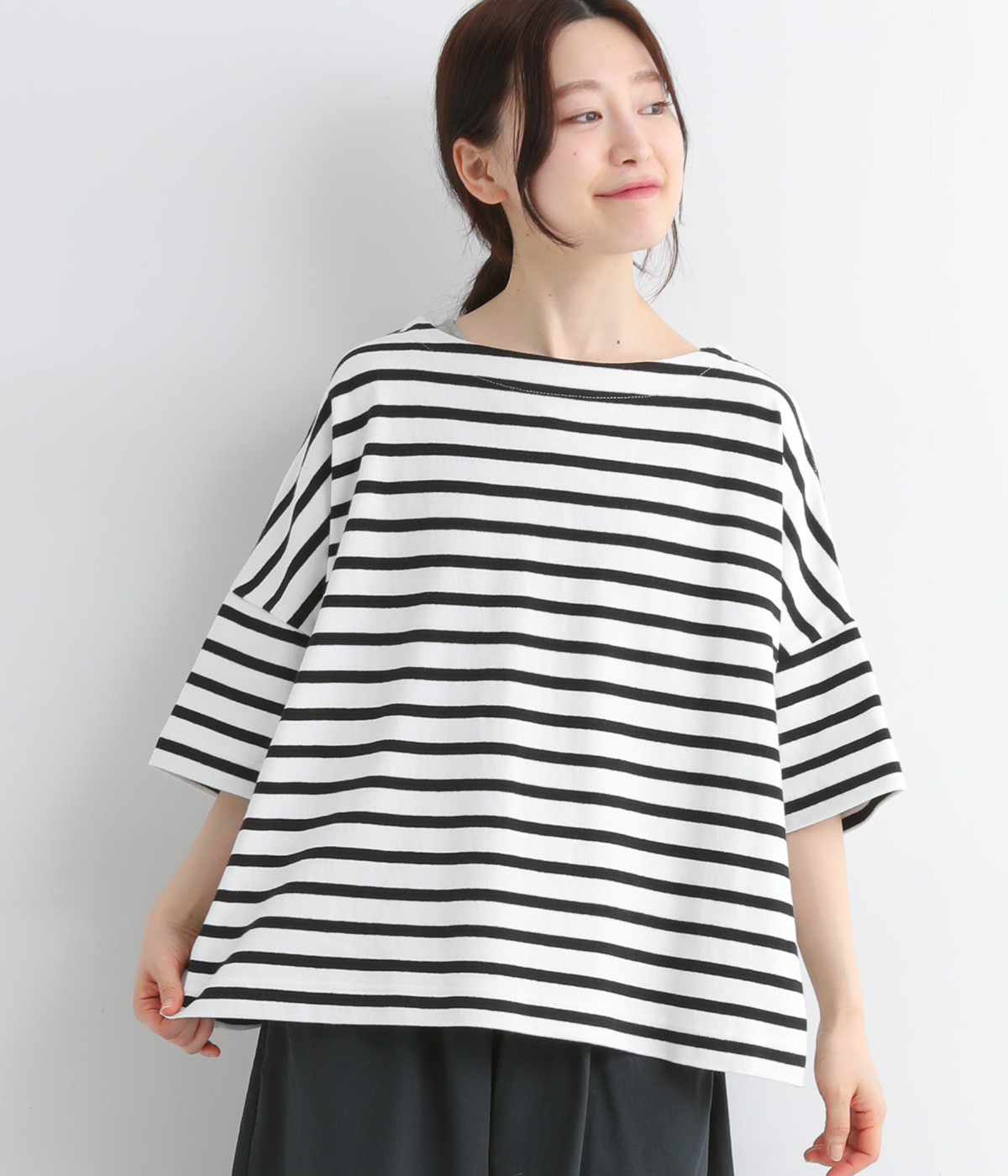 ライトヘビー天竺 変形袖ワイドTシャツ(クロボーダー-ONESIZE)