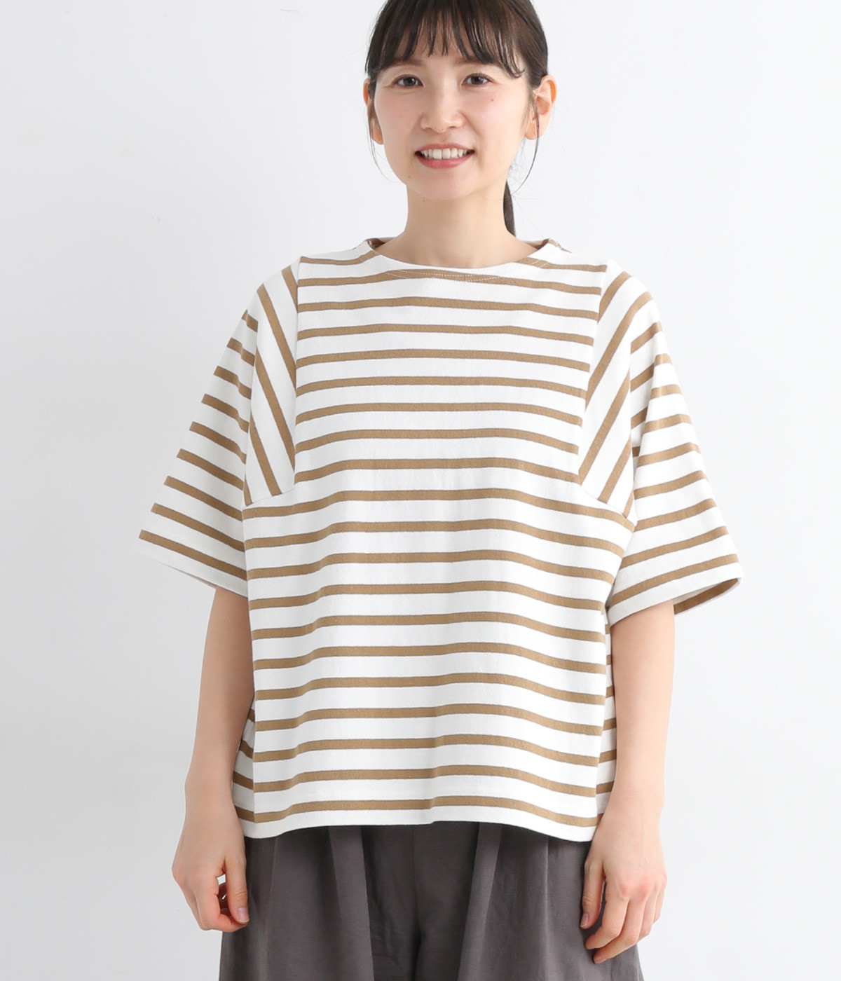 ライトヘビー天竺 ワイドTシャツ(ブラウンボーダー-ONESIZE)