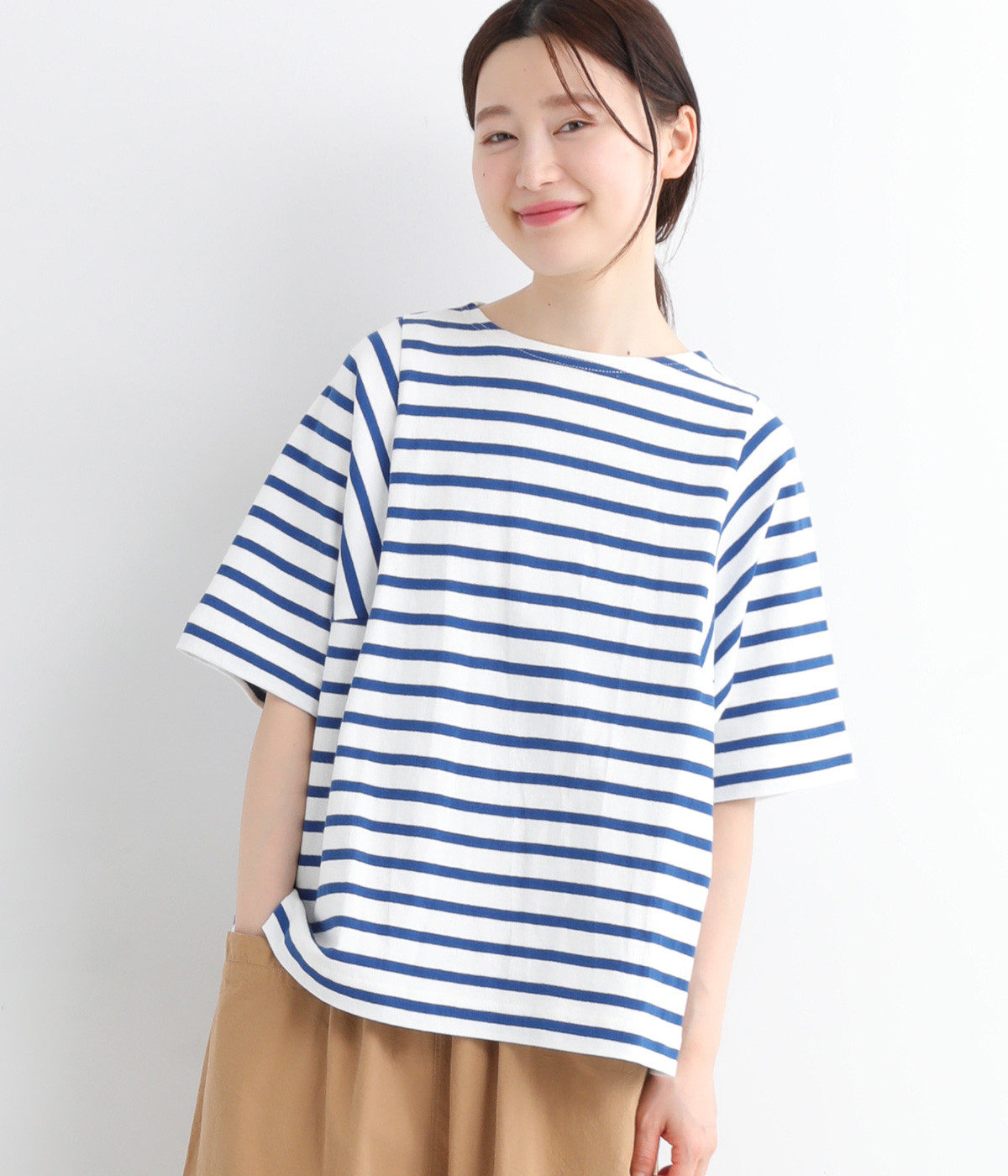 ライトヘビー天竺 ワイドTシャツ(ブルーボーダー-ONESIZE)