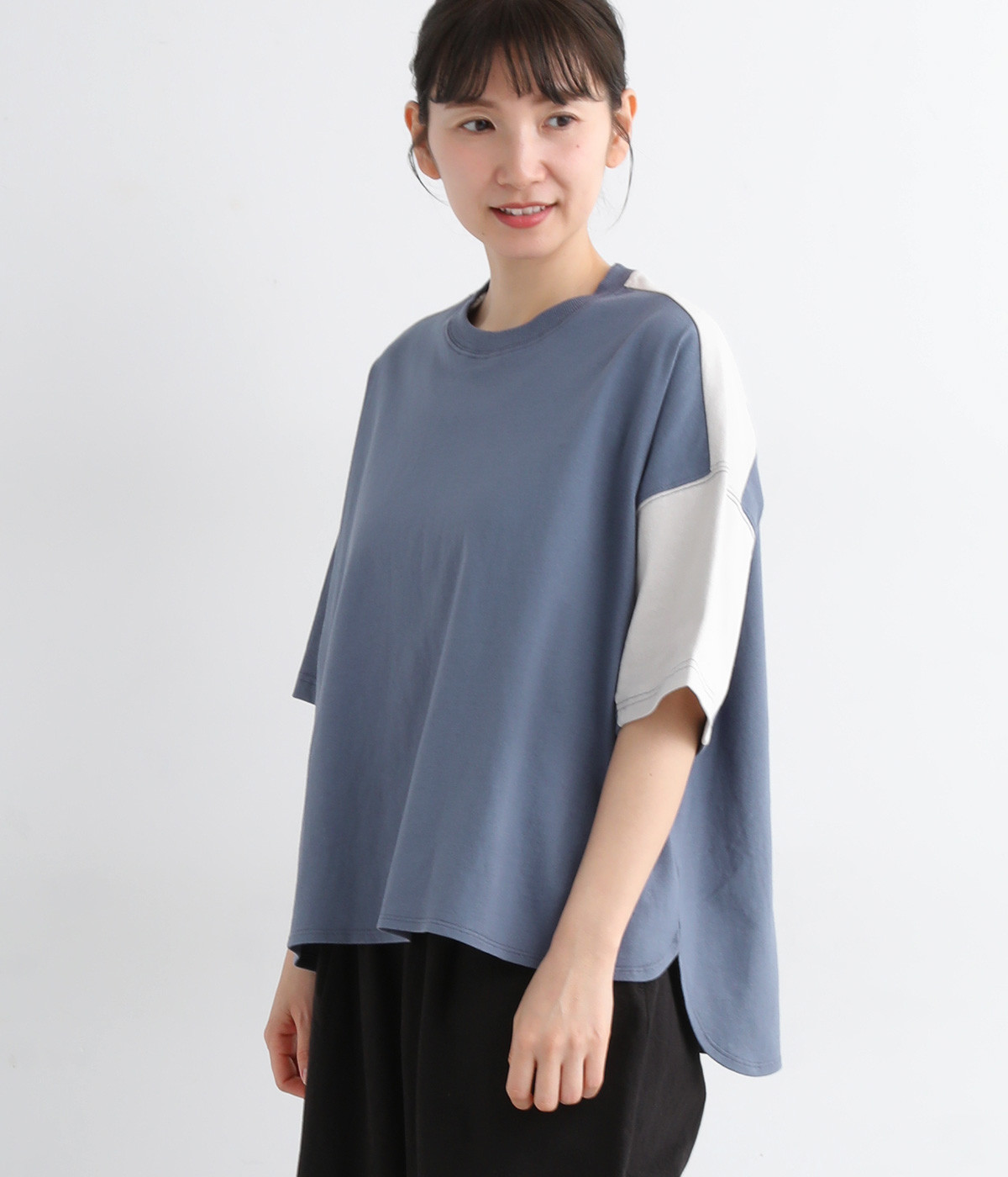 接触冷感 ライトヘビー天竺 配色切替プルオーバー(ダスティブルー-ONESIZE)