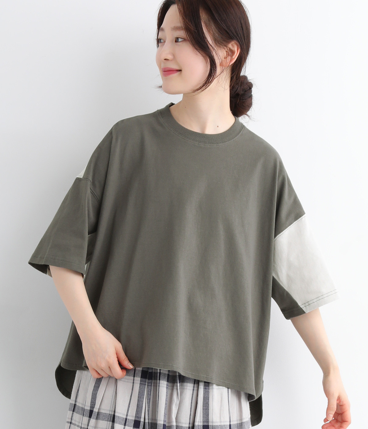 接触冷感 ライトヘビー天竺 配色切替プルオーバー(チャコール-ONESIZE)