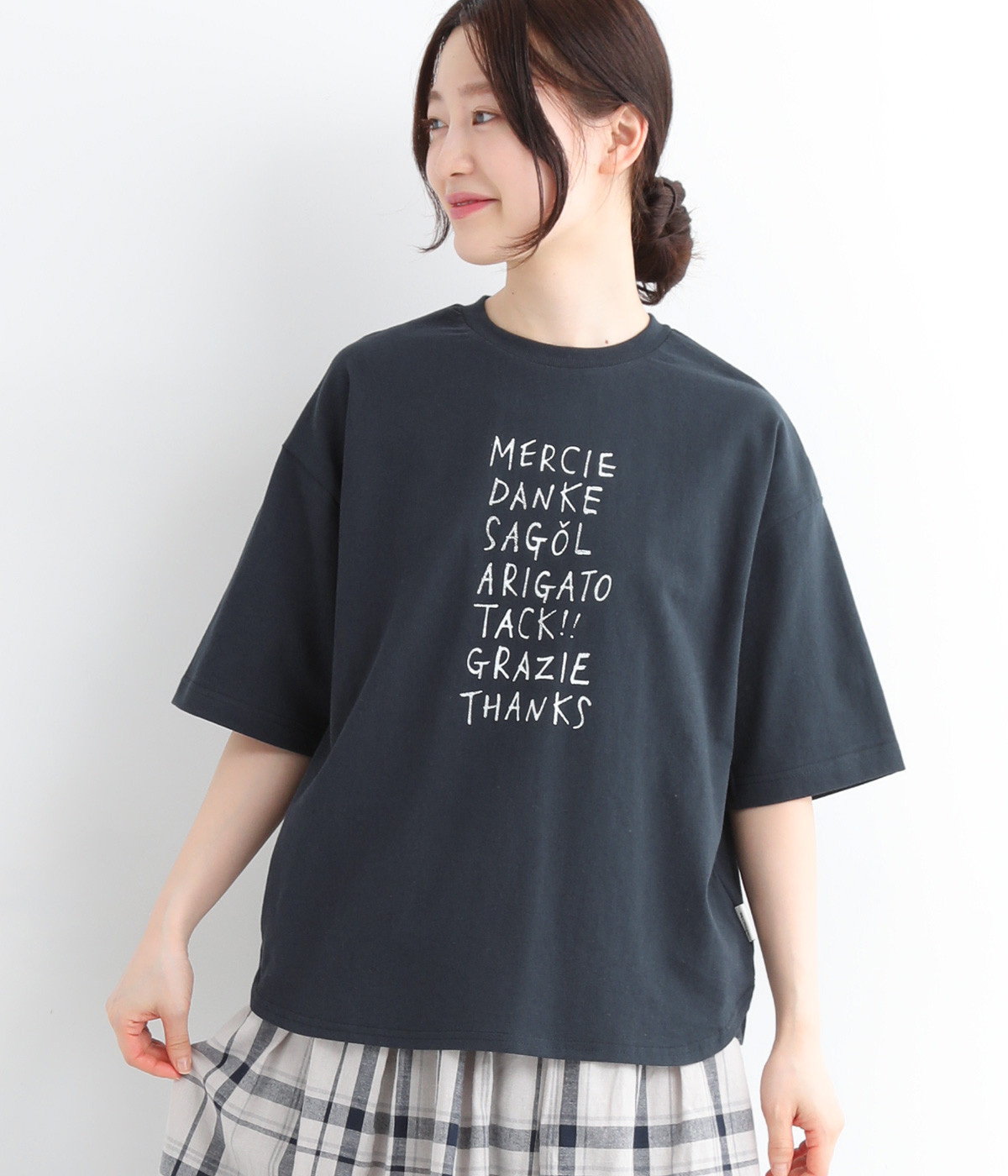 リサイクルコットン天竺 あいさつロゴプリントTシャツ(ネイビー-ONESIZE)
