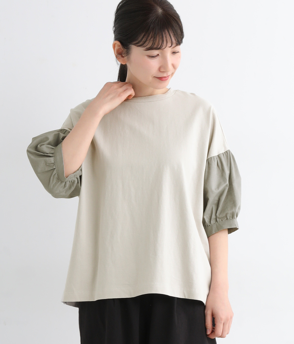 リサイクルコットン天竺 異素材コンビプルオーバー(グレージュ-ONESIZE)